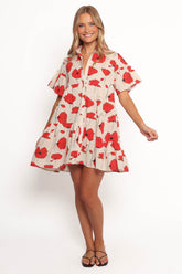 Peachy Mini Linen Dress - Red Poppy Print