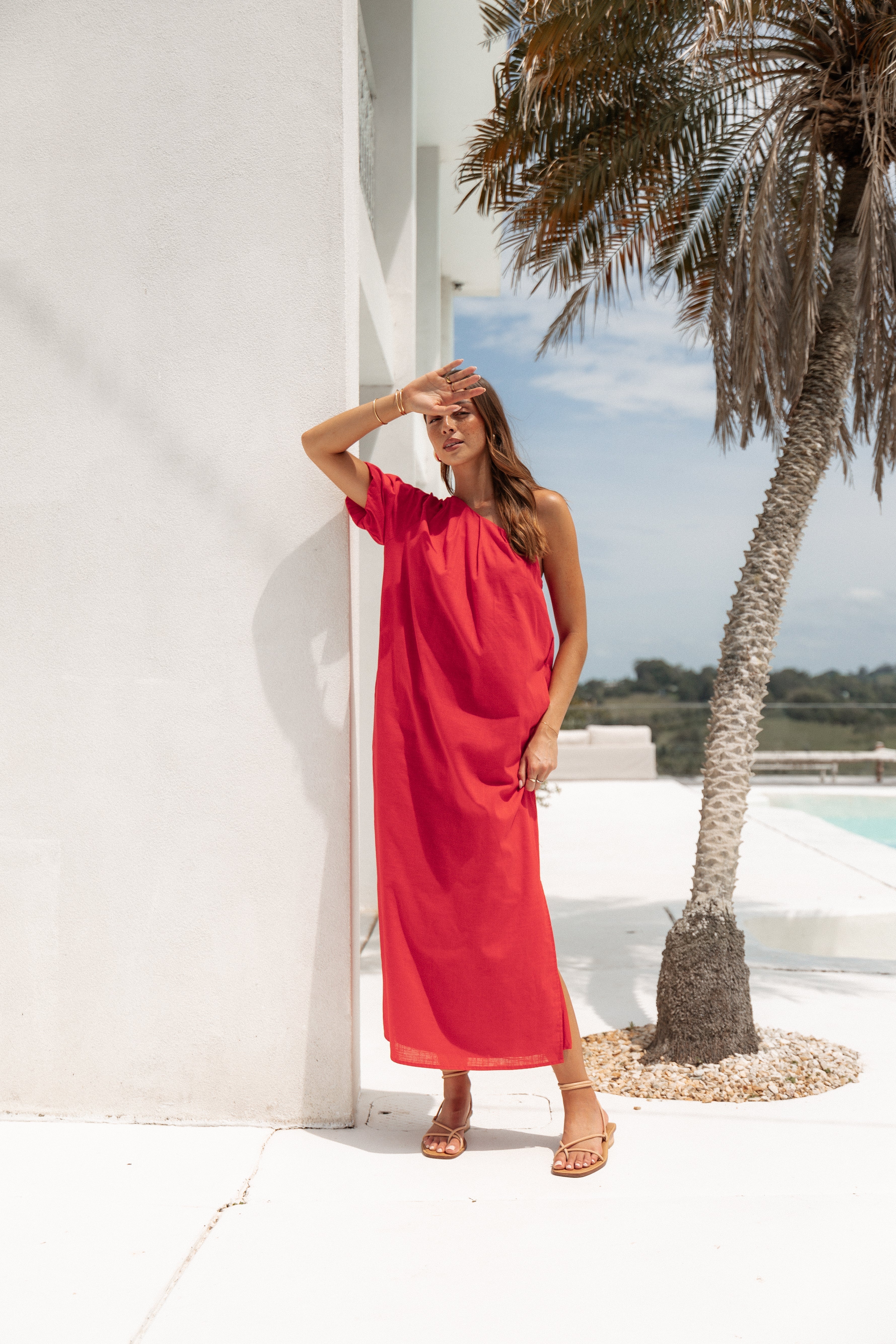 Roma One Shoulder Midi Dress - Red