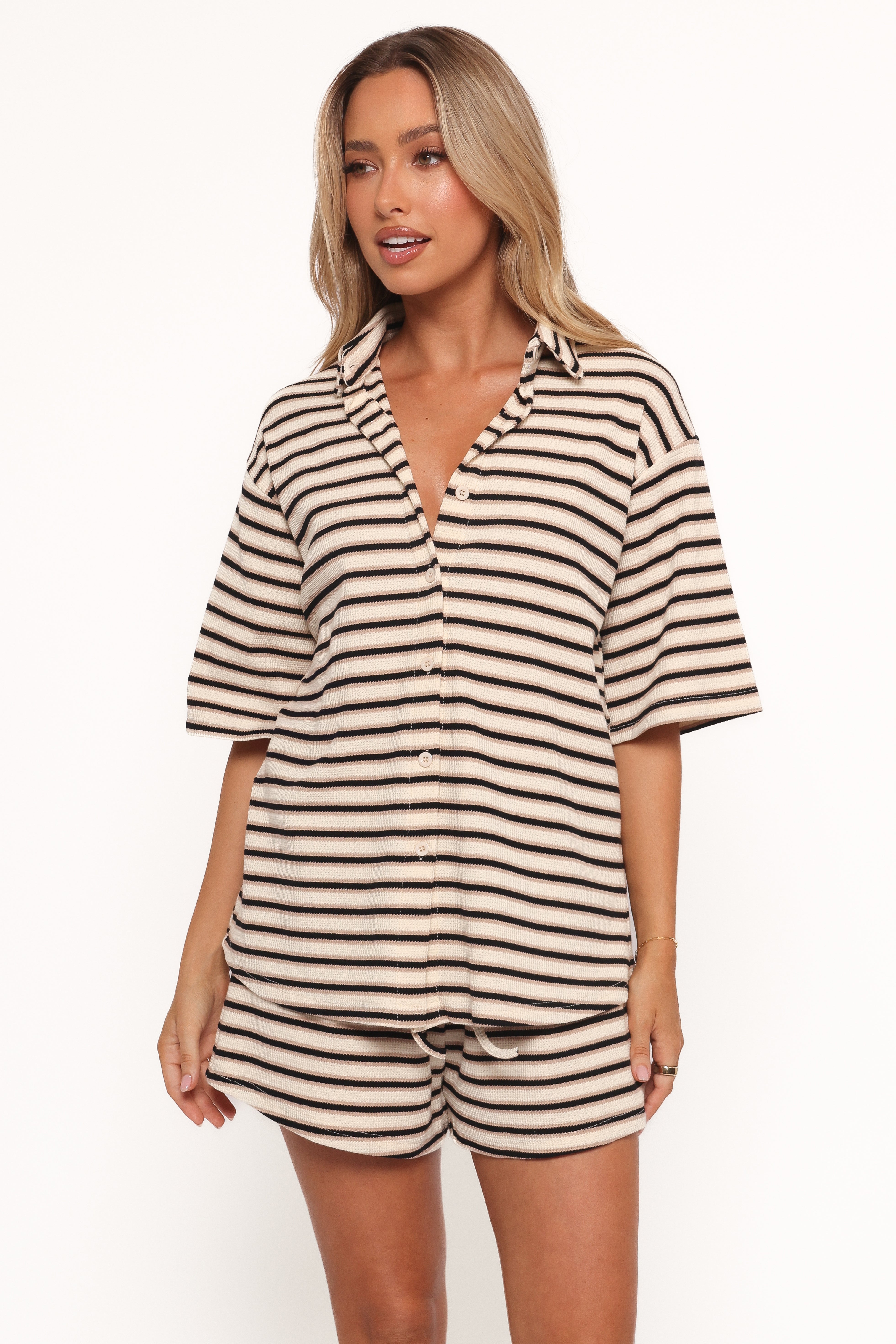 Alden Cotton Knit Set - Beige Black Stripe