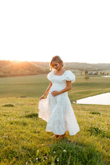 Annette Puff Sleeve Shirred Midi Dress - White