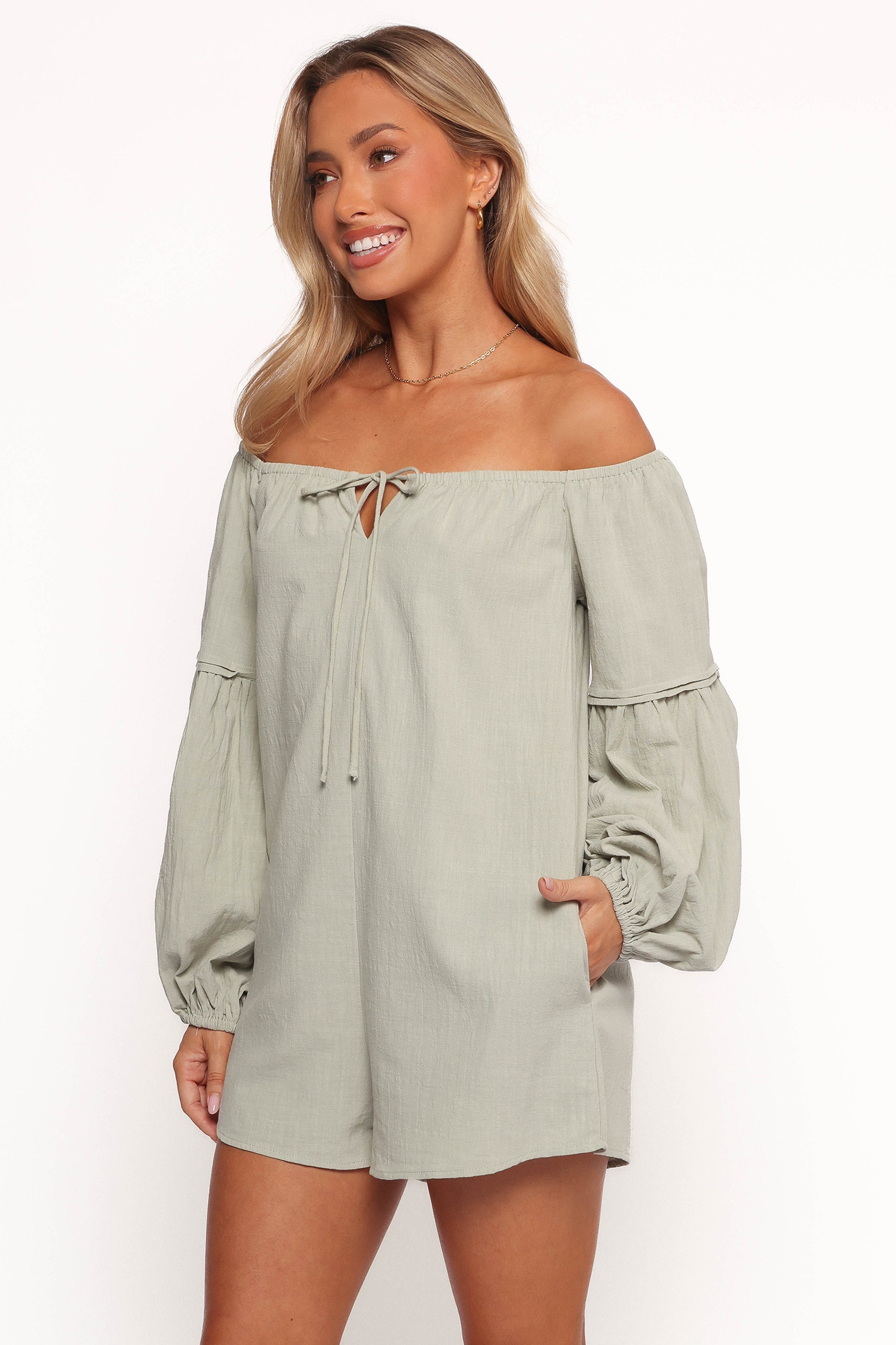 Anette Long Sleeve Romper - Sage