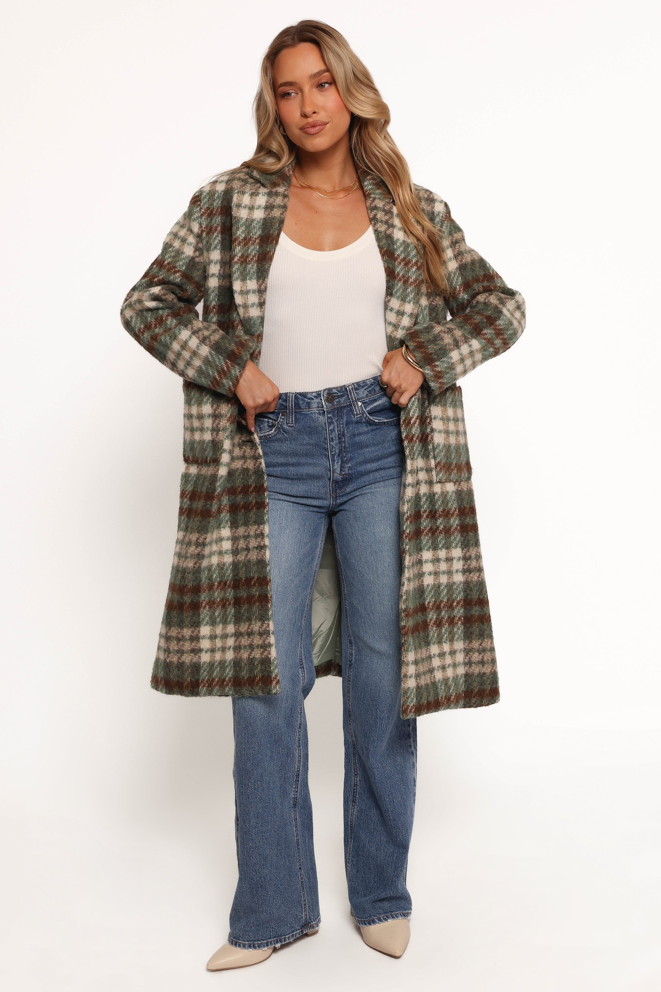 Anika Plaid Long Coat - Green/Brown