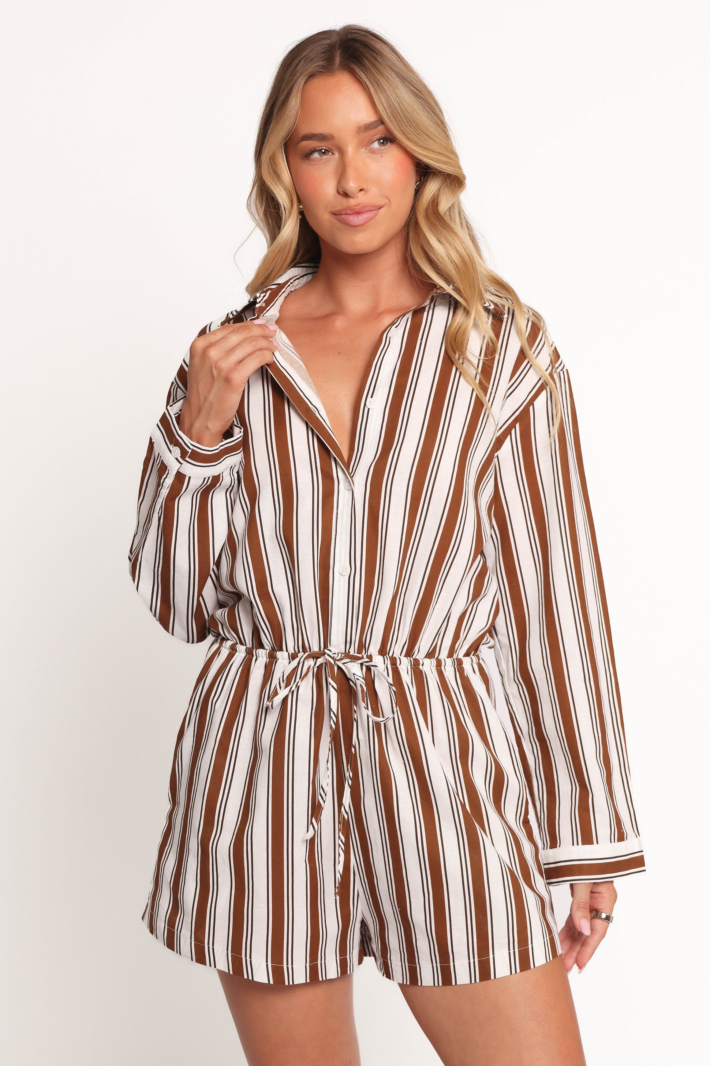 Beau Long Sleeve Playsuit - Chocolate Stripe