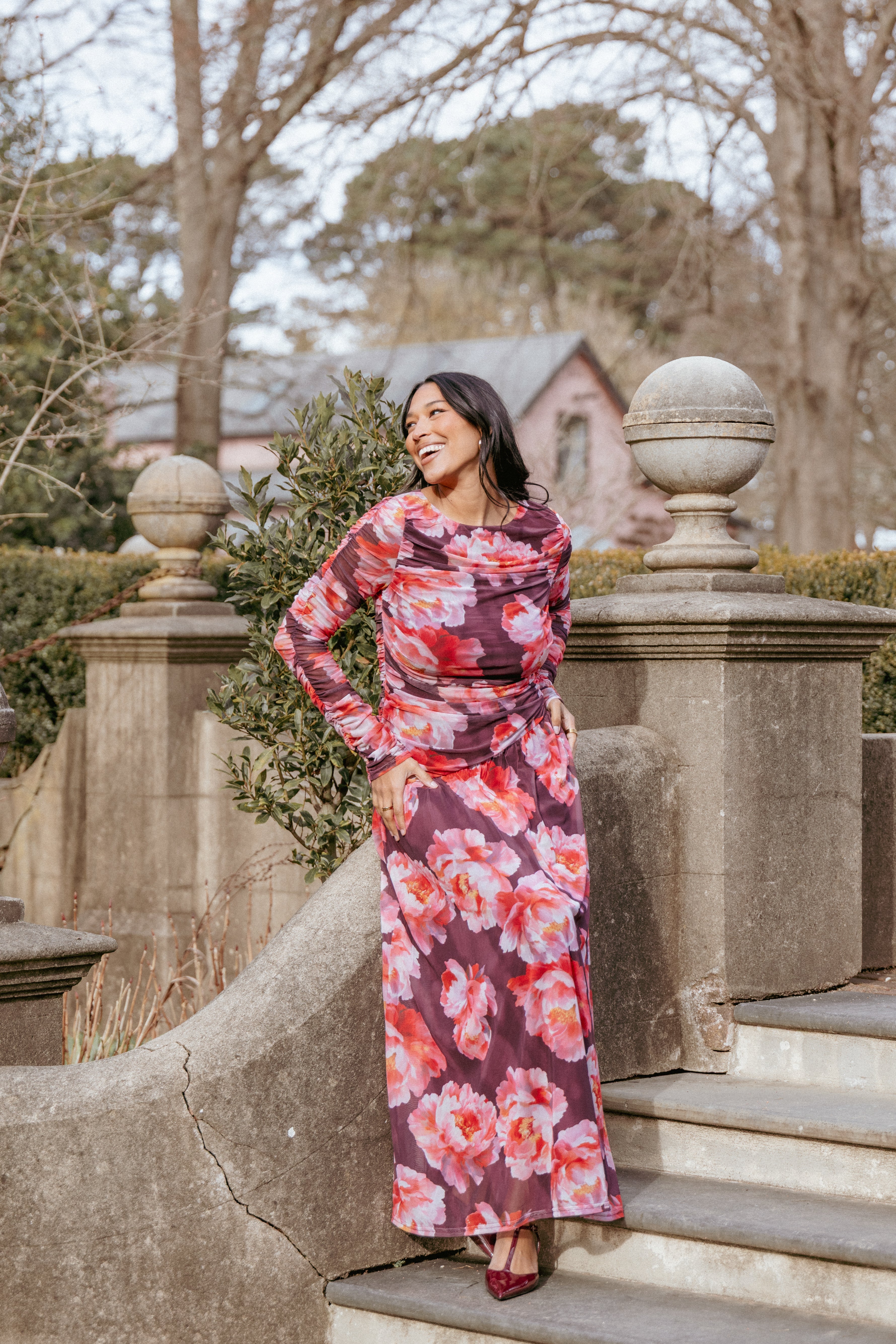 Calypso Long Sleeve Maxi Dress - Burgundy Peony