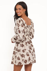 Cambria Long Sleeve Mini Dress - Brown/White