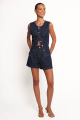 Nylah Pleated Denim Short - Mid Denim
