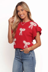 Cherish Ruffle Sleeve Bow Knit Sweater - Red