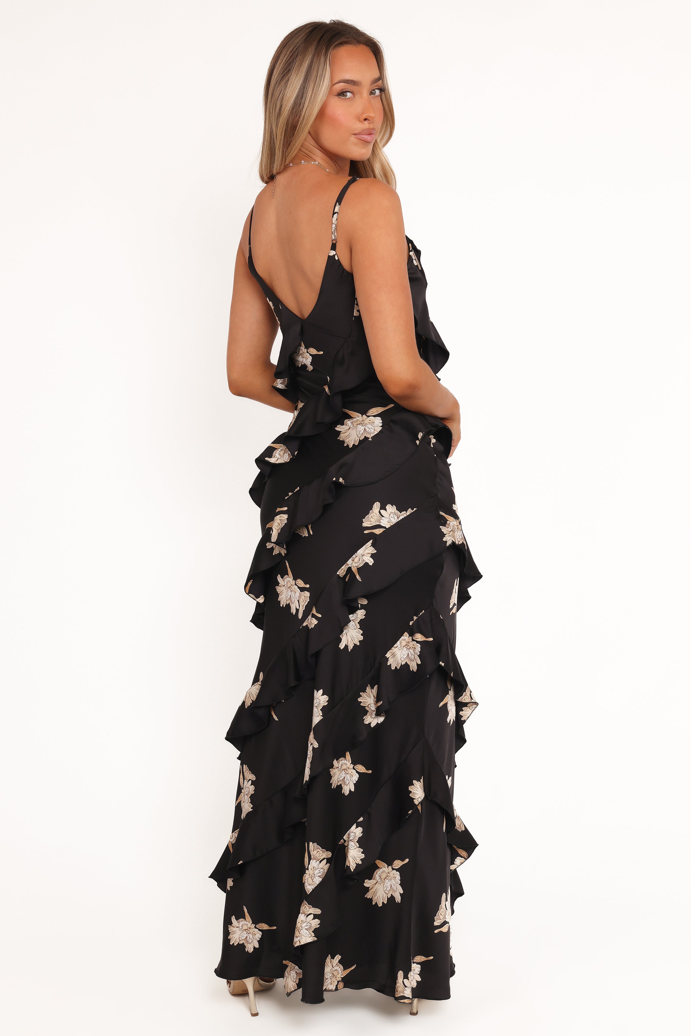 Ciao Ruffles Maxi Satin Dress - Black Floral