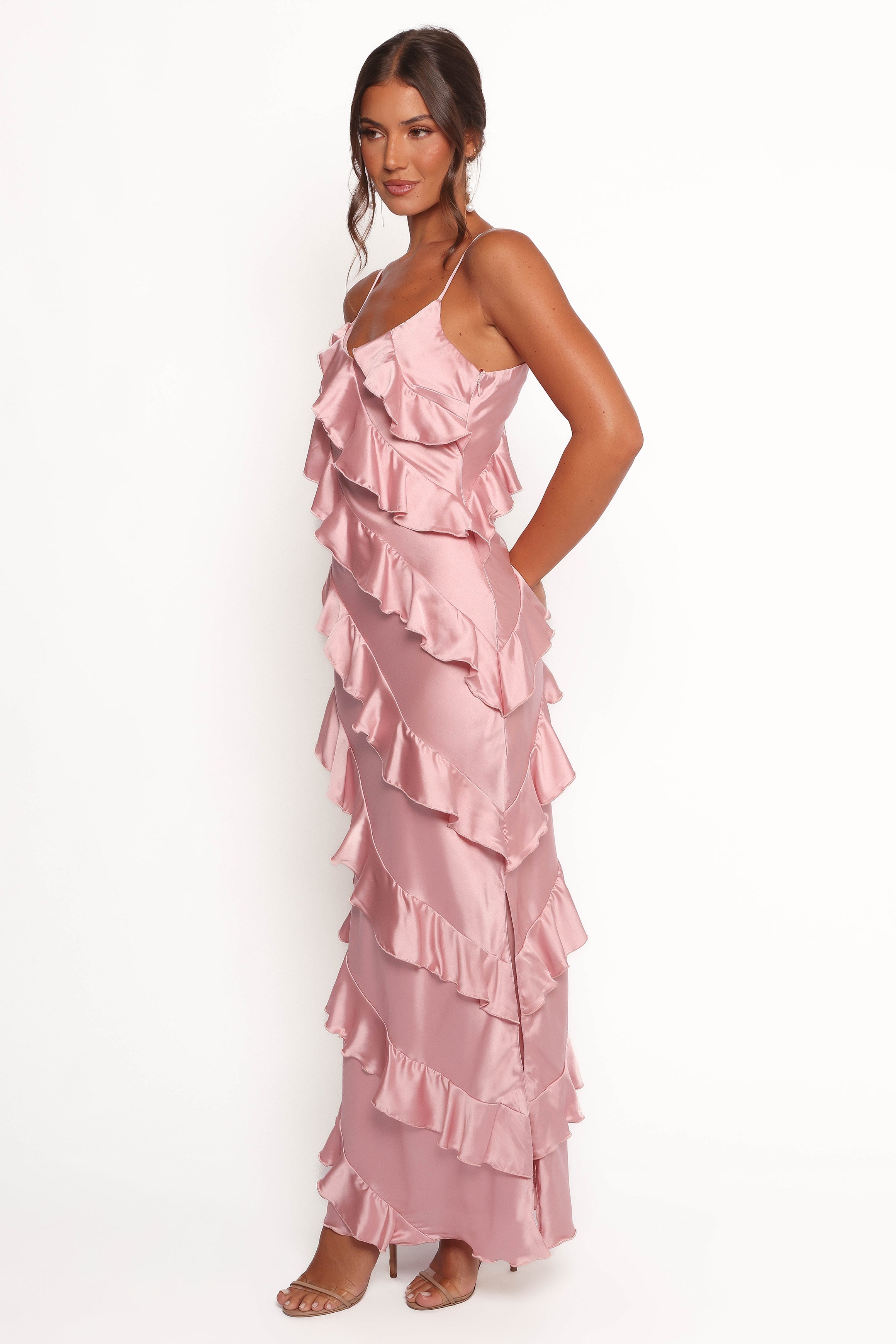 Ciao Ruffles Maxi Satin Dress - Pink