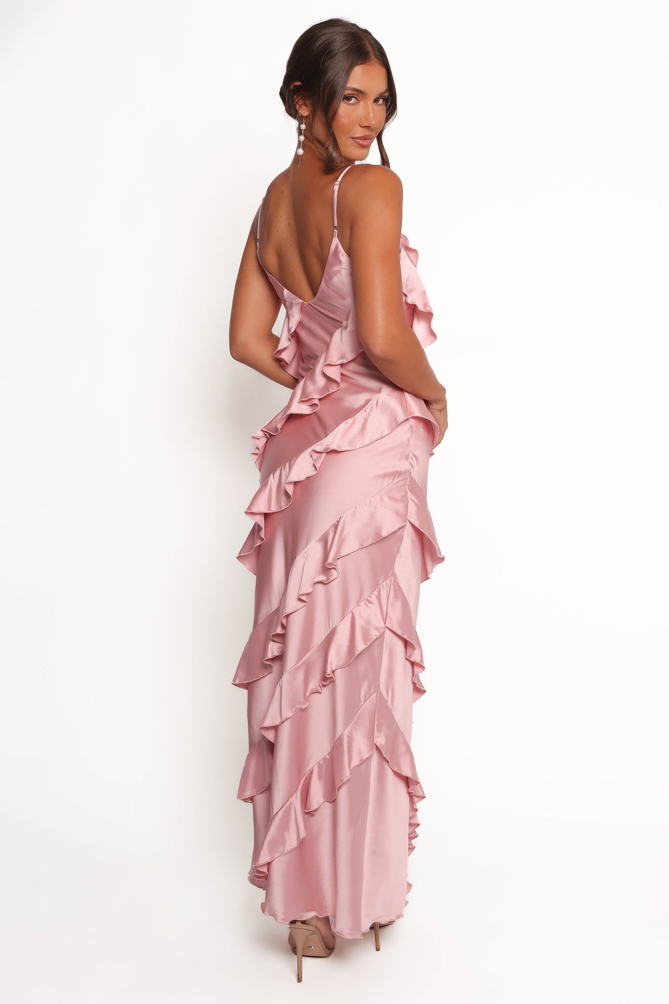 Ciao Ruffles Maxi Satin Dress - Pink