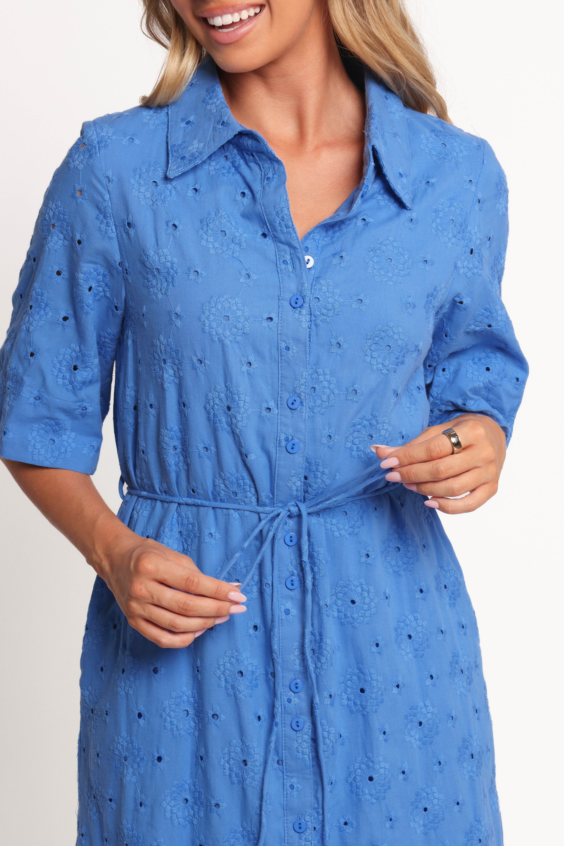 Cooper Embroidered Button Through Midi Dress - Cobalt