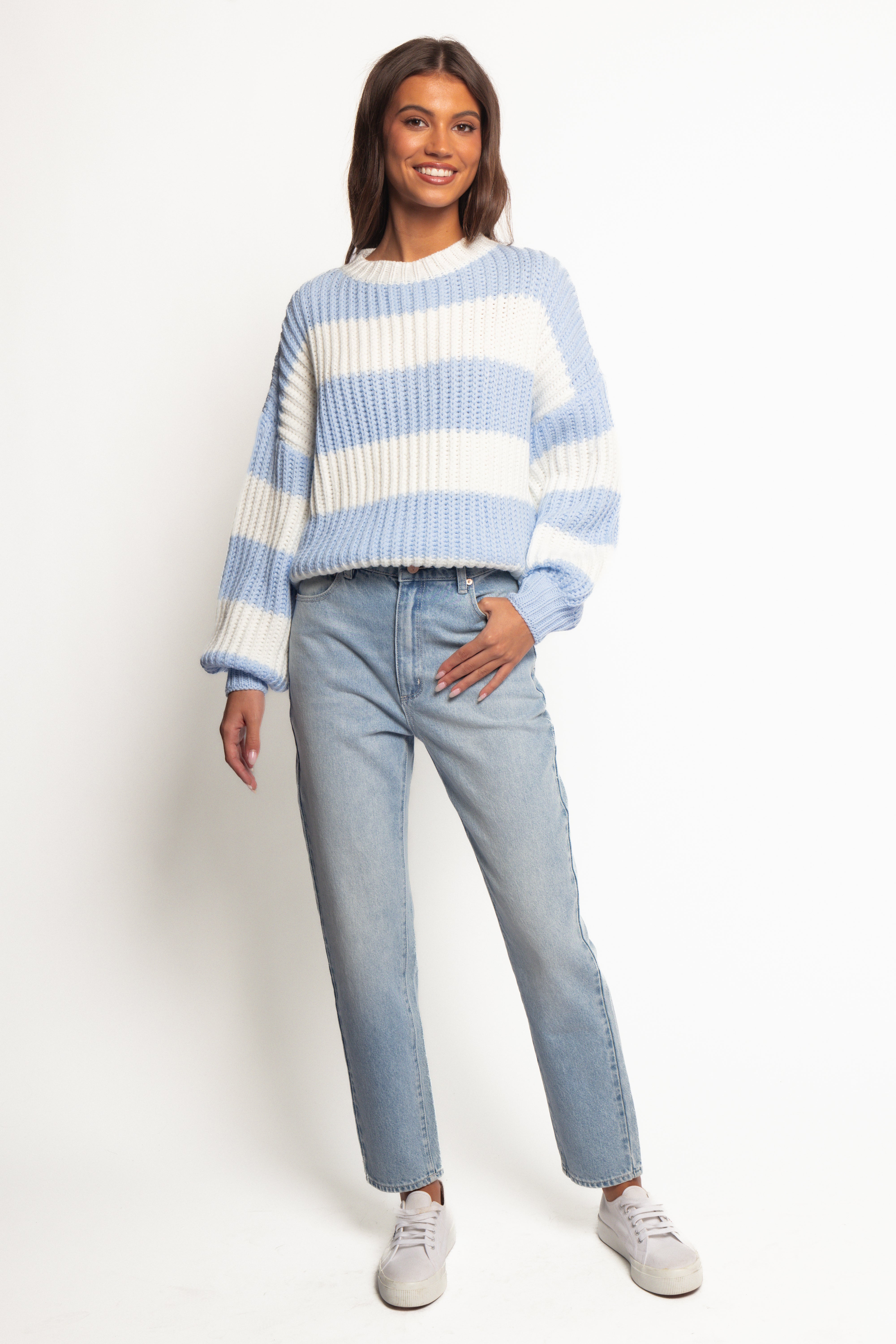 Courtney Thick Stripe Knit Sweater - Blue Cream