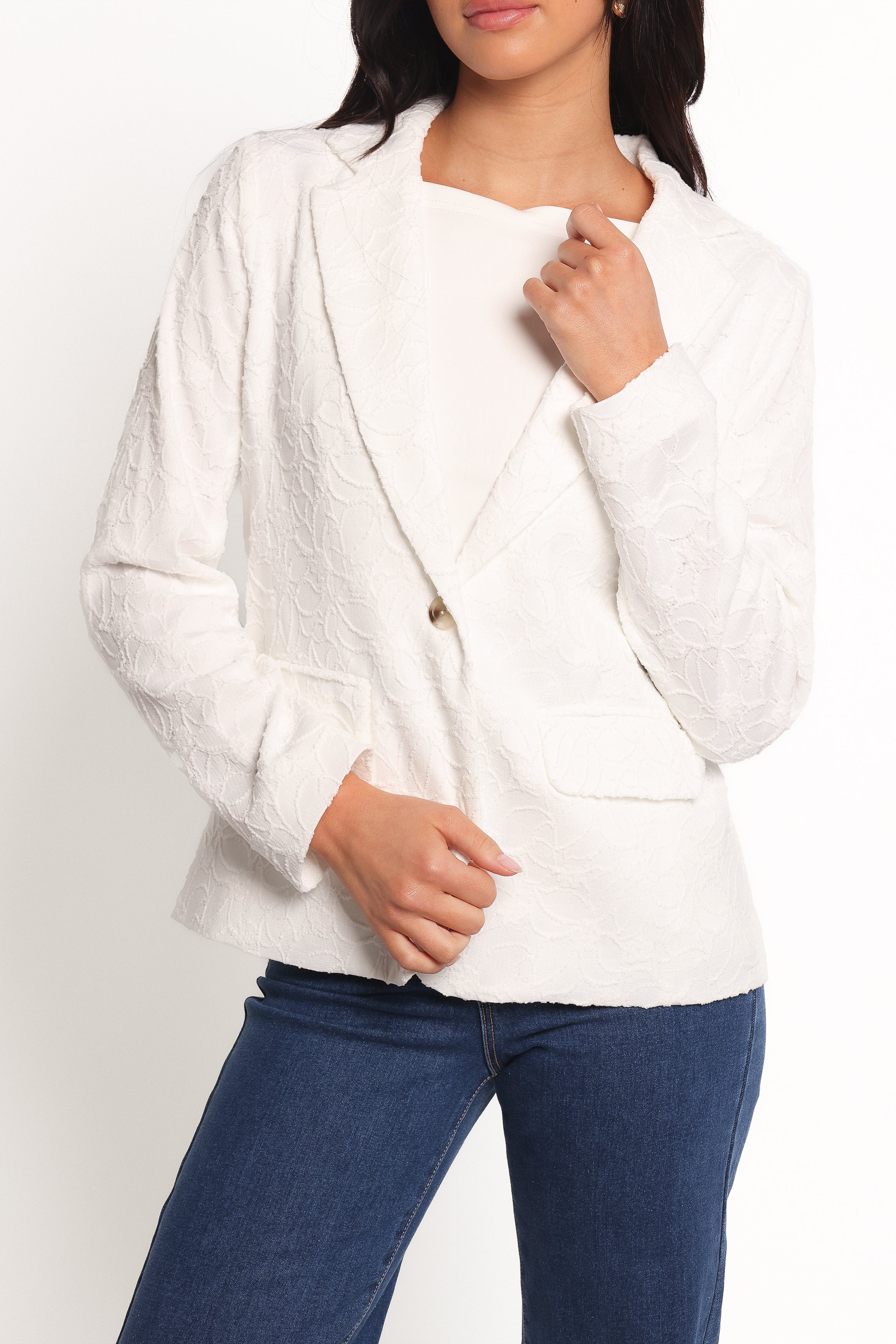 Darian Lace Knit Single Button Blazer - Off White