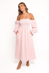 Domenica Shirred Long Sleeve Midi Dress - Pink