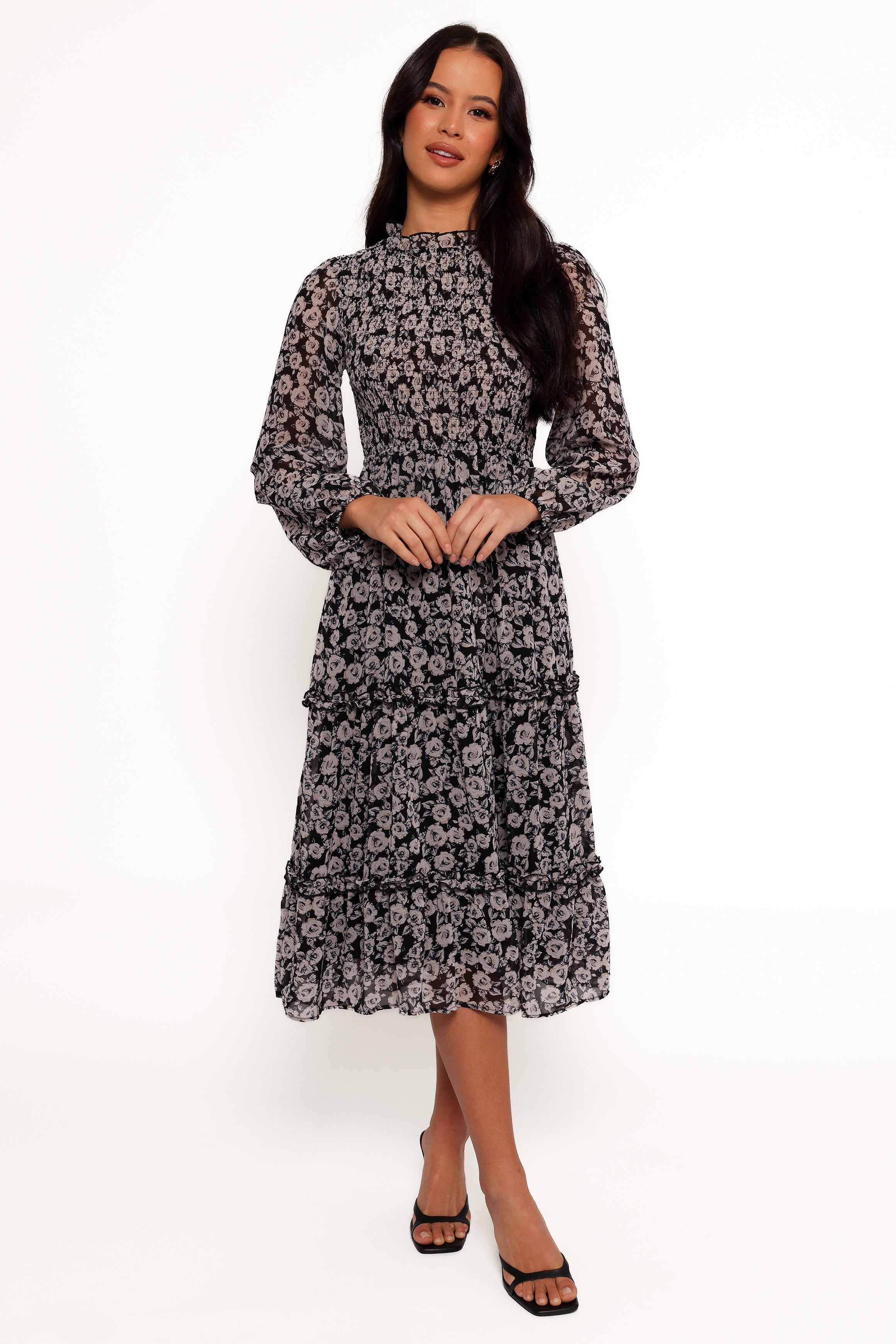 Edwina Shirred Frill Long Sleeve Midi Dress - Black Floral