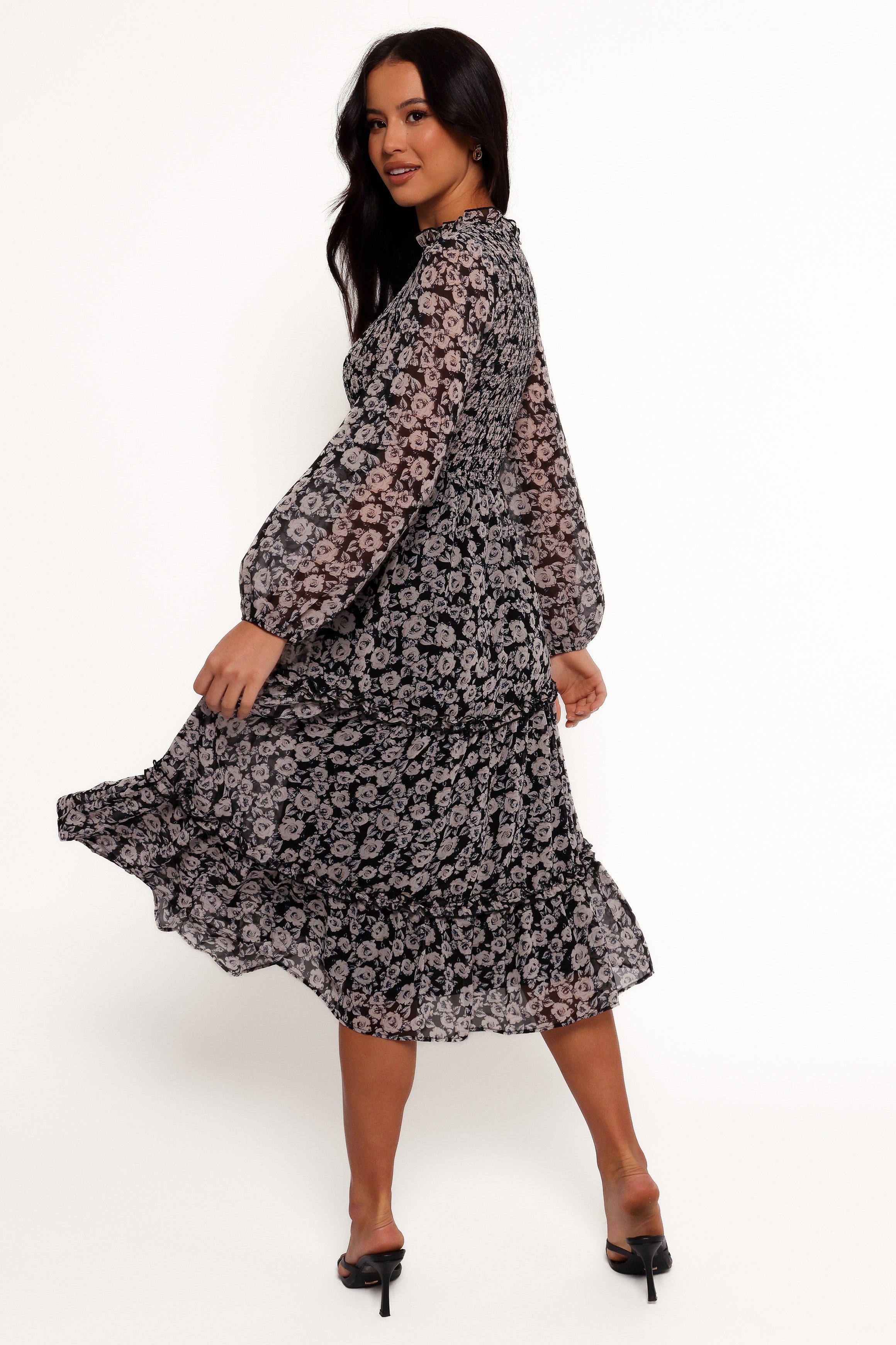 Edwina Shirred Frill Long Sleeve Midi Dress - Black Floral