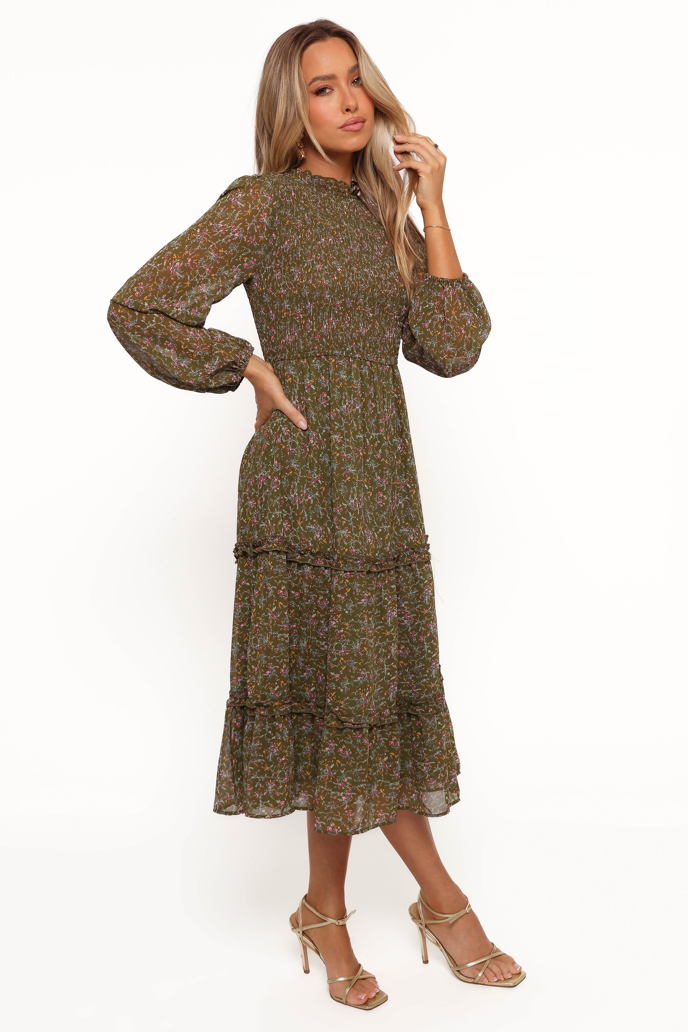 Edwina Shirred Frill Long Sleeve Midi Dress - Olive Floral