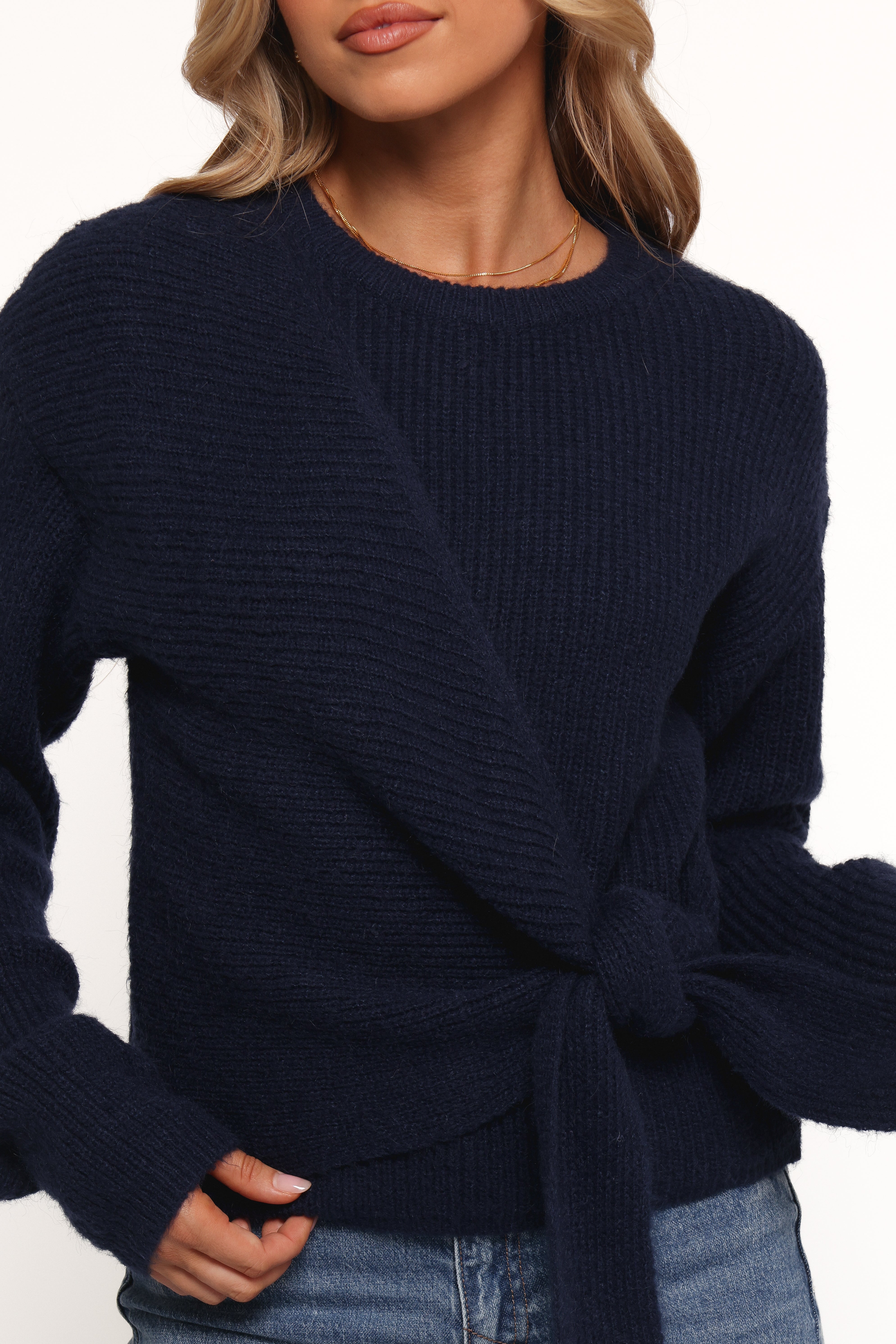 Ettie Wrap Side Tie Knit Sweater - Navy