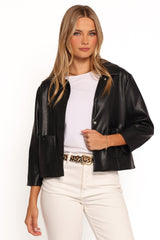 Evora Faux Leather Button front Jacket - Black