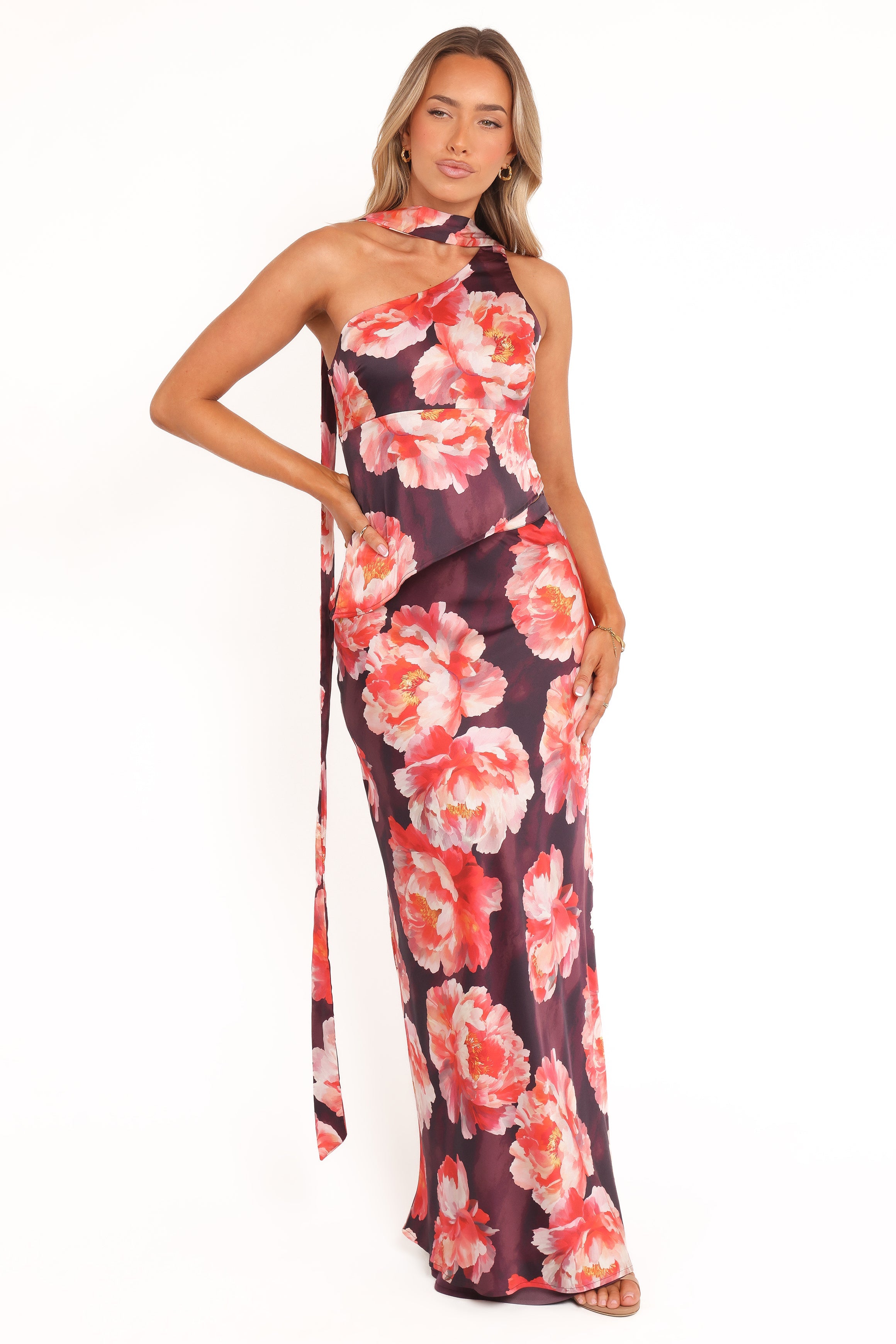 Georgina One Shoulder Skirt Set - Burgundy Peony