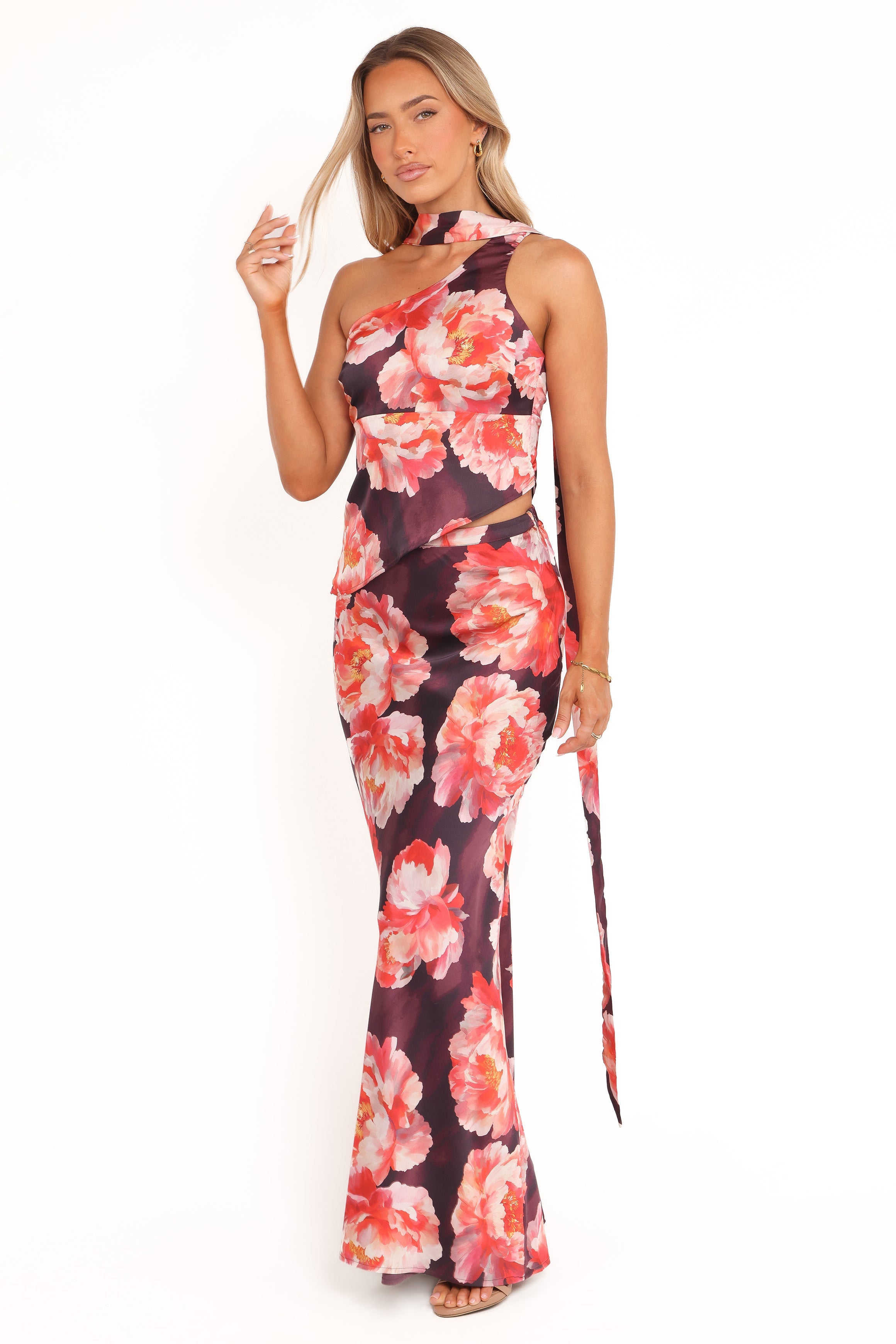 Georgina One Shoulder Skirt Set - Burgundy Peony