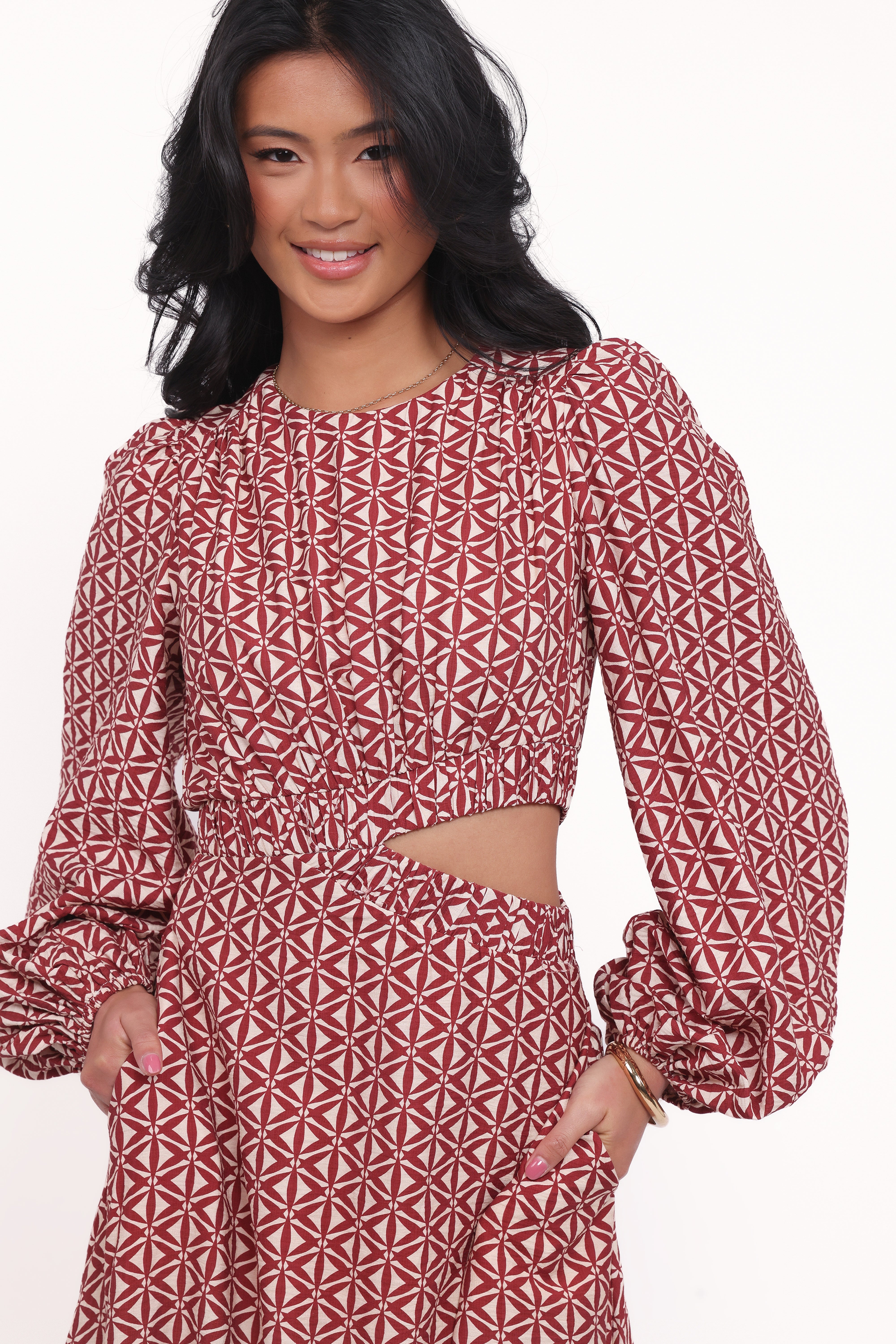 Ginnee Puff Sleeve Cutout Midi Dress - Brown Geo