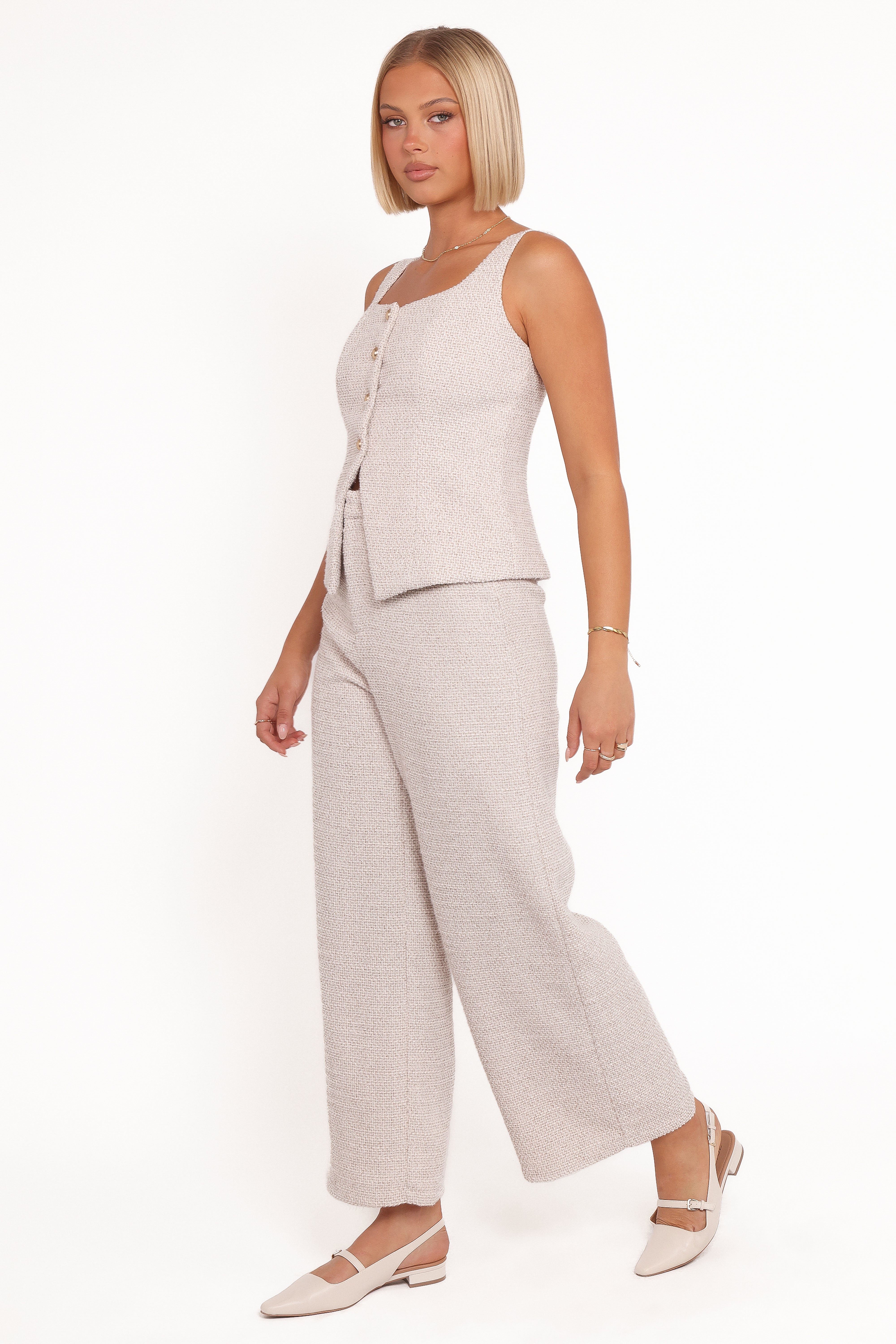 Greta Tailored Pant Set - White Brown Marl