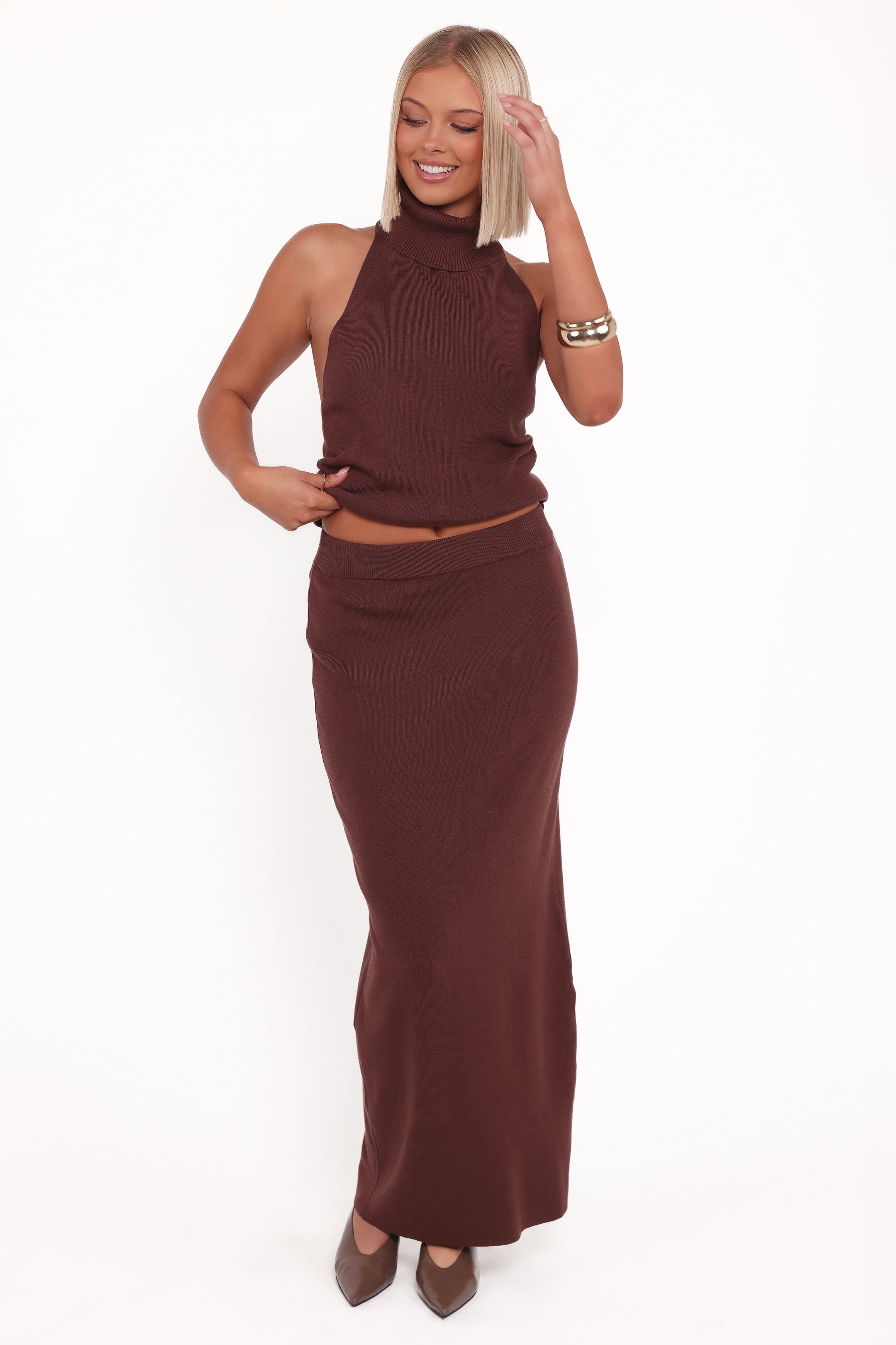 Halley Knit Halter Skirt Set - Brown