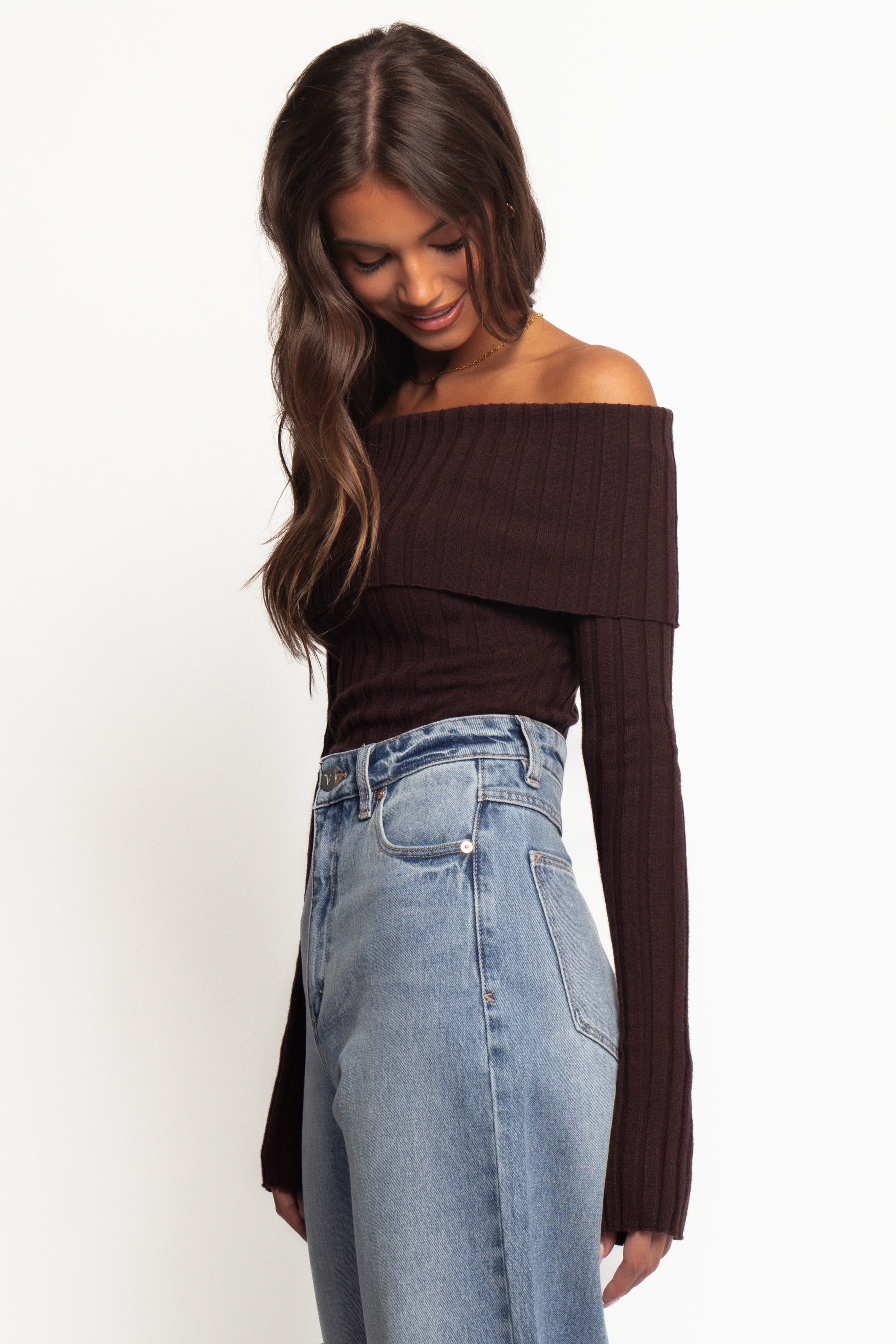 Inora Off Shoulder Knit Top - Chocolate