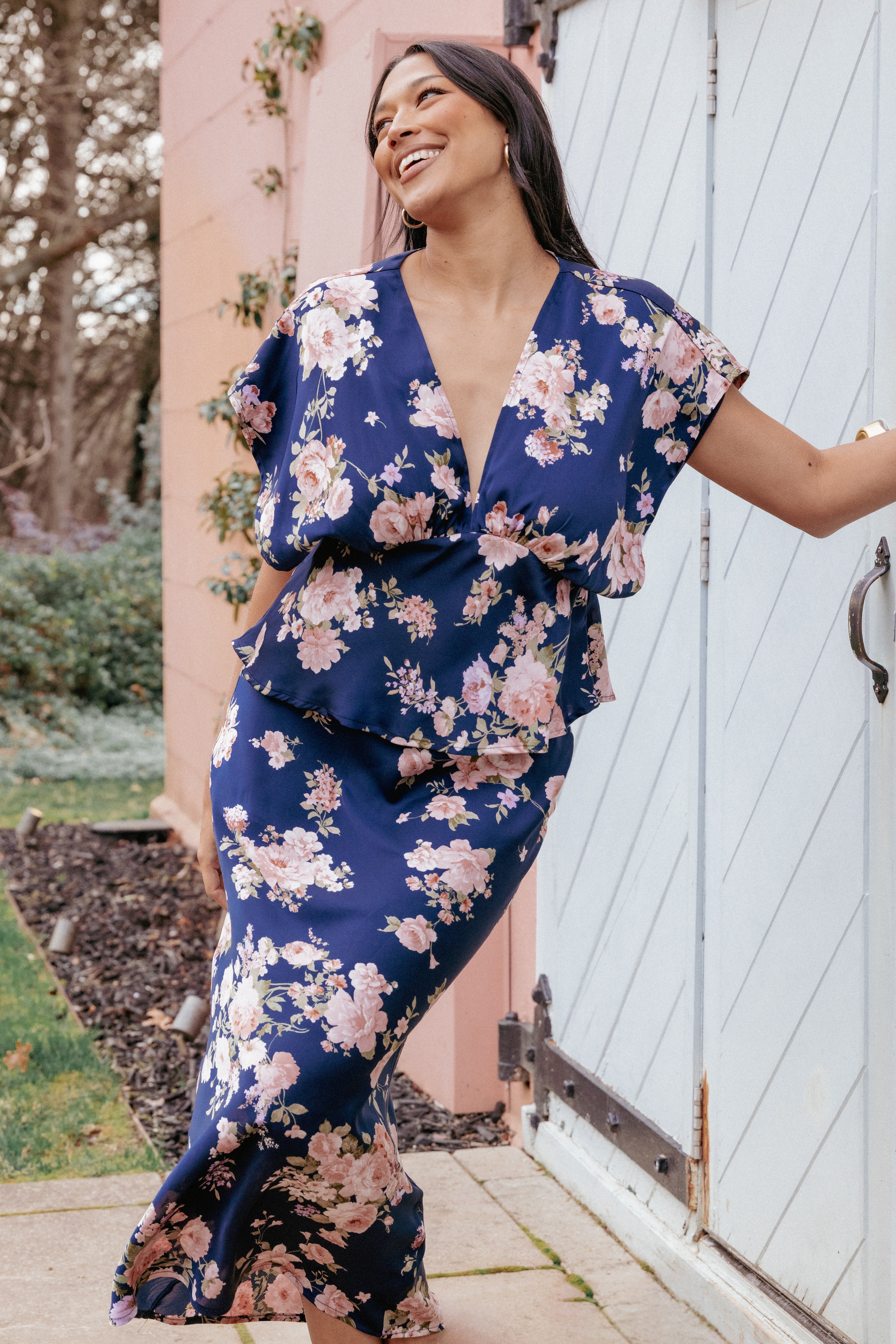 Kenna Satin Midi Skirt - Navy Floral