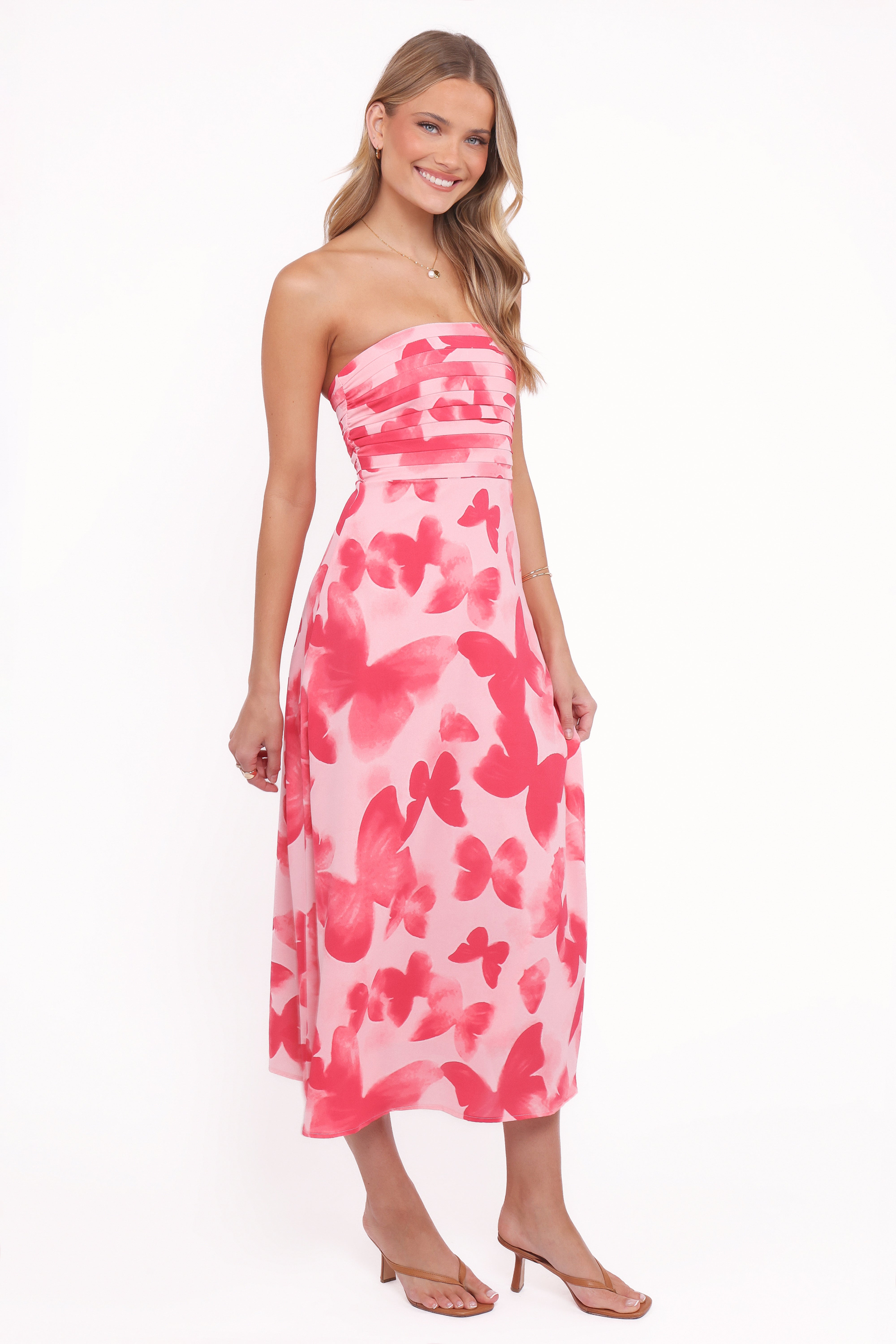 Kenna Strapless Midi Dress - Butterfly Print