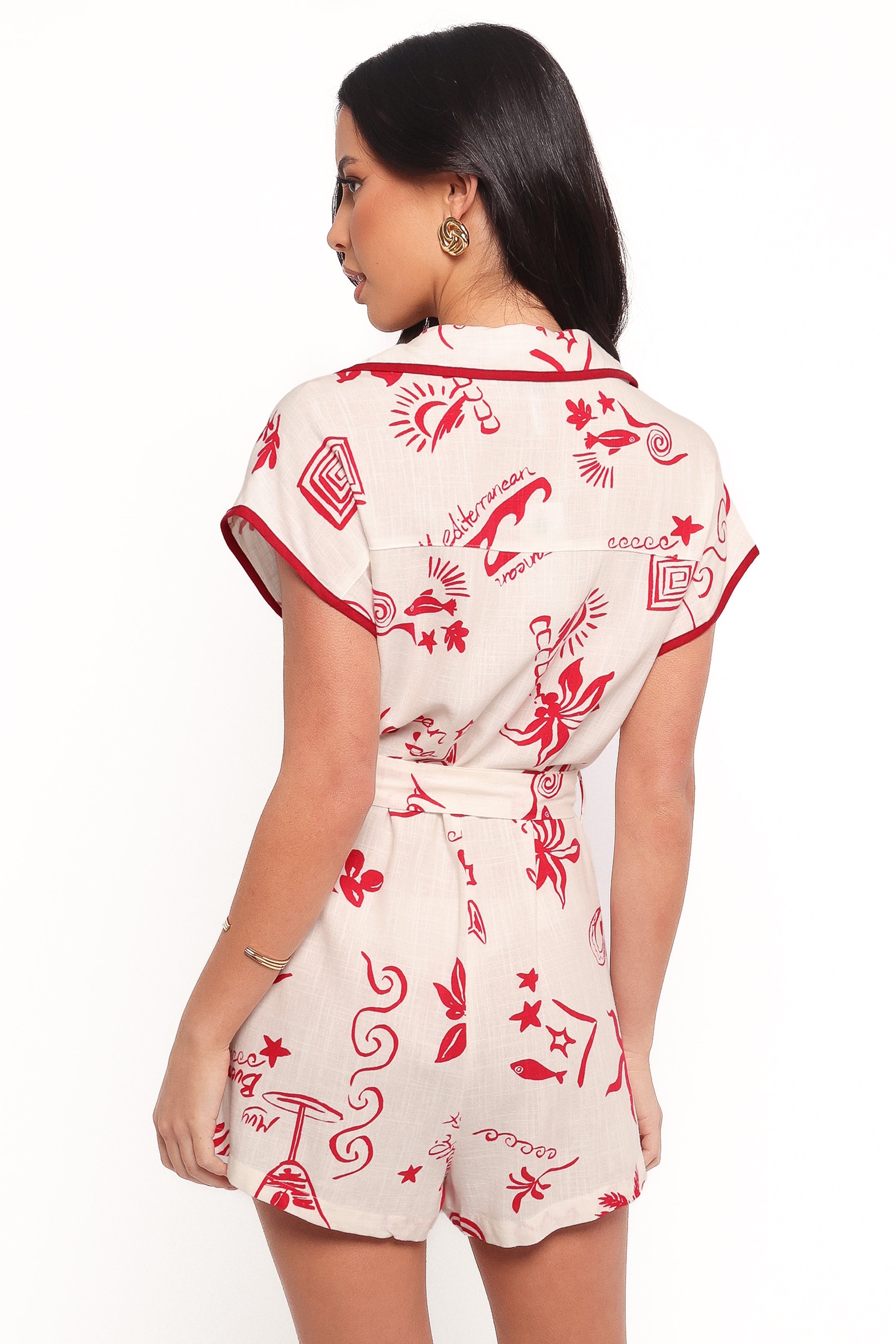 Kensie Tie Waist Romper - Red