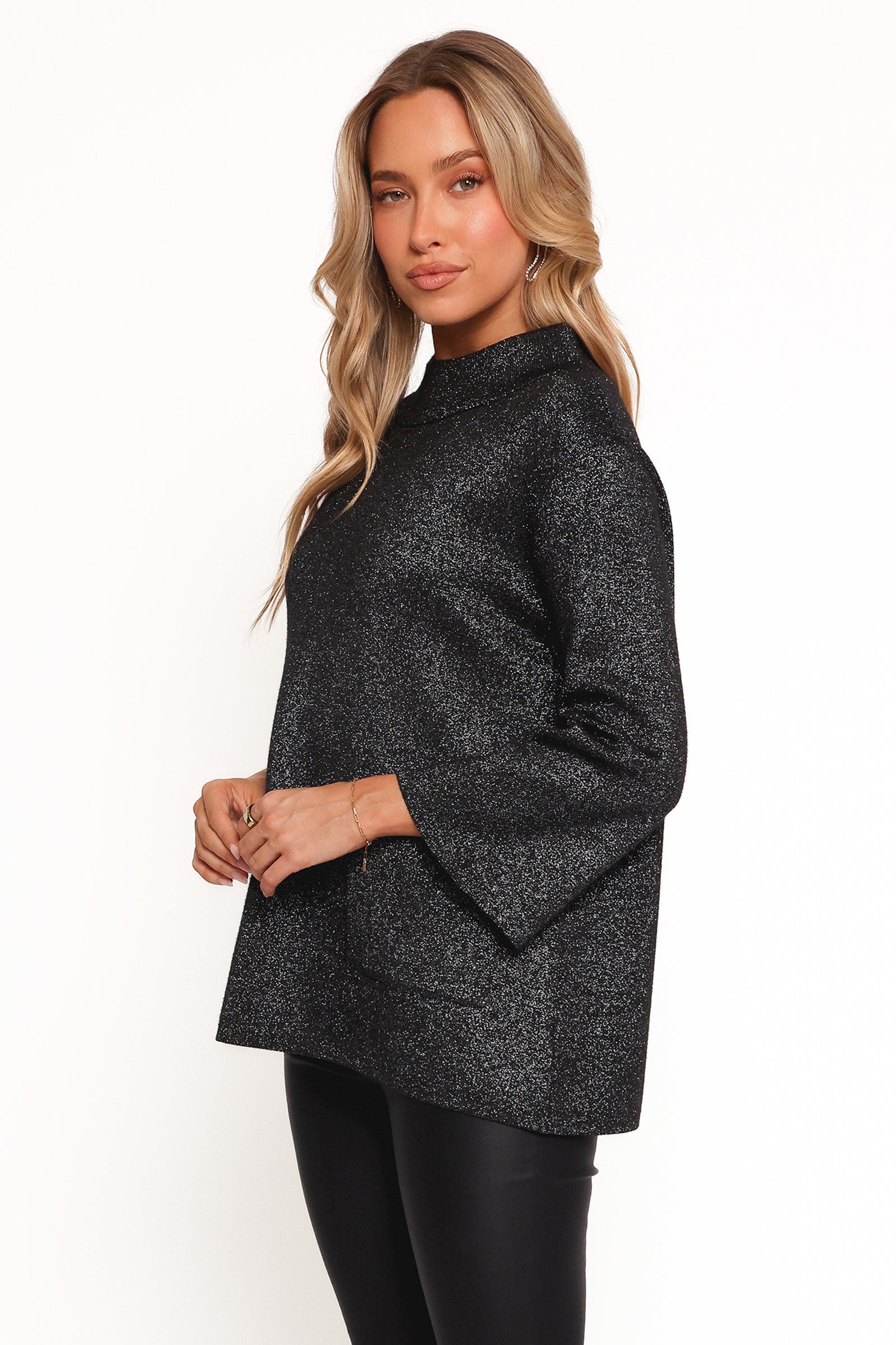 Tassie Cowlneck Lurex Shimmer Knit Sweater - Black