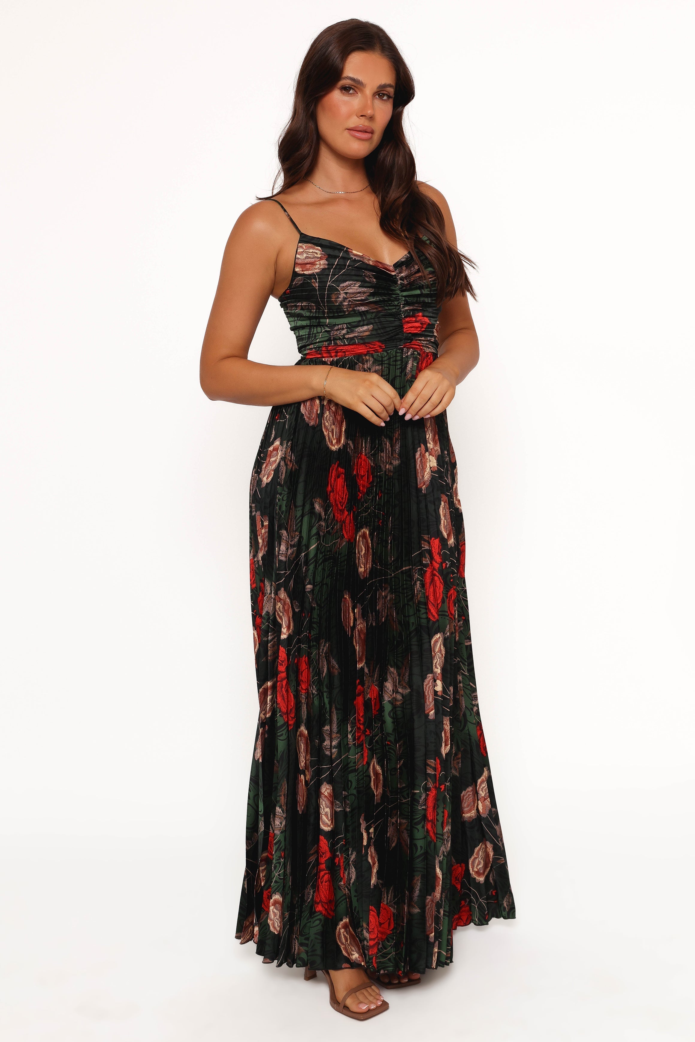Naira Pleated Maxi Dress - Green Floral