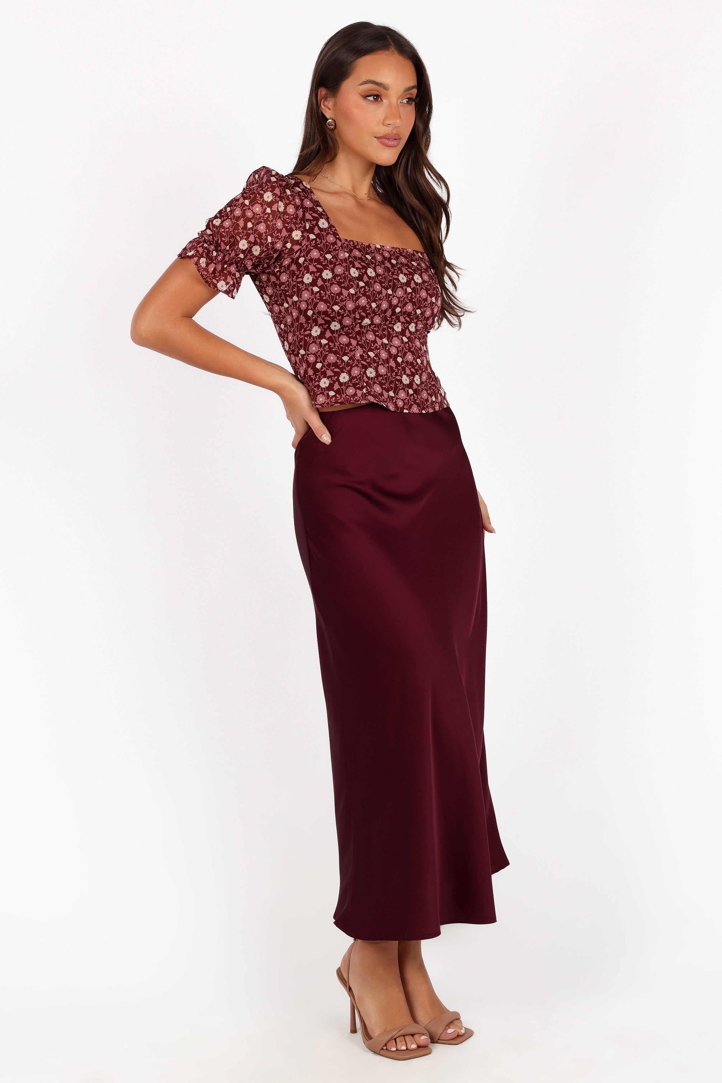 Nellie Satin Midi Skirt - Burgundy
