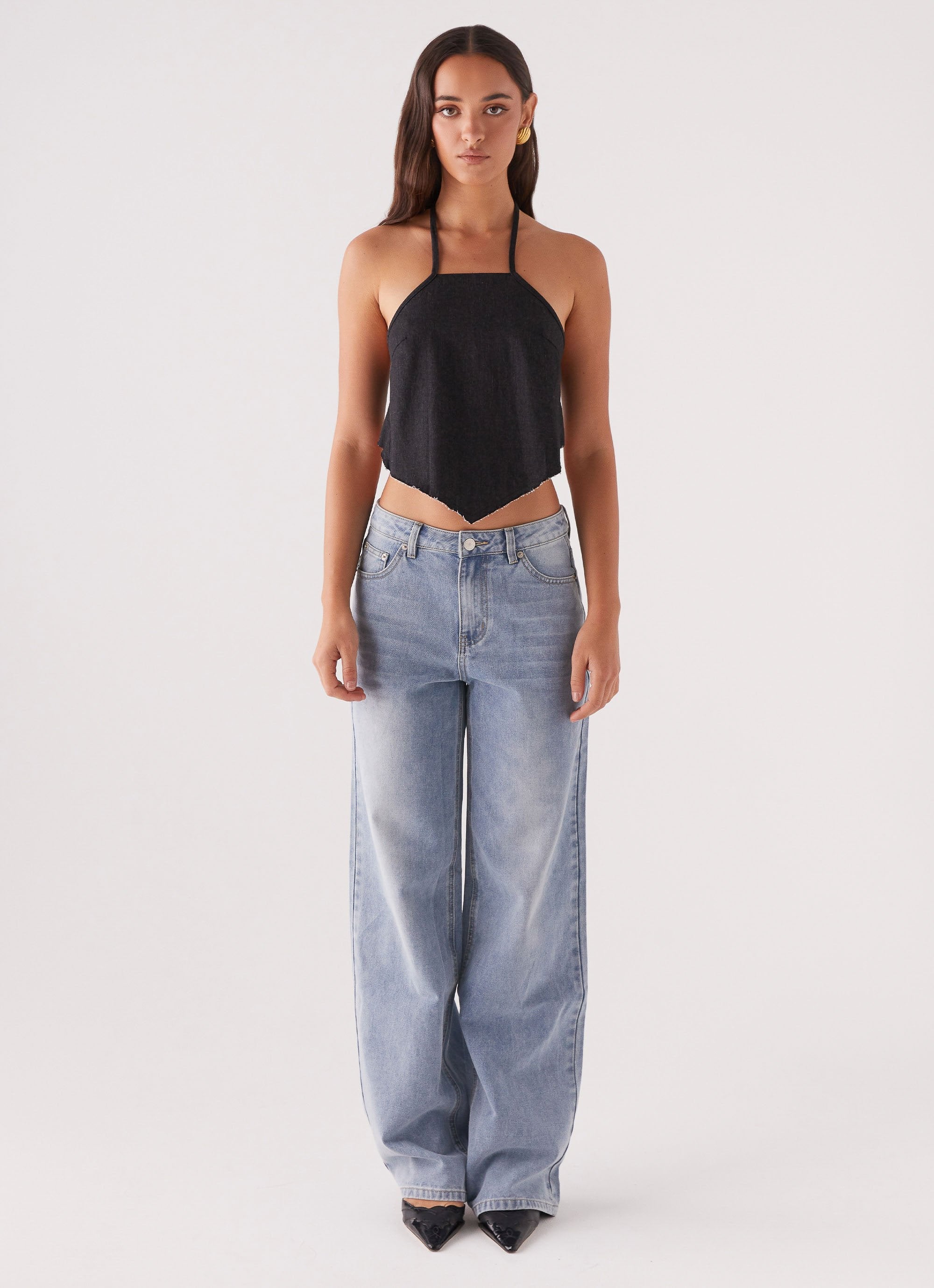 Rexi Halter Denim Top - Washed Black