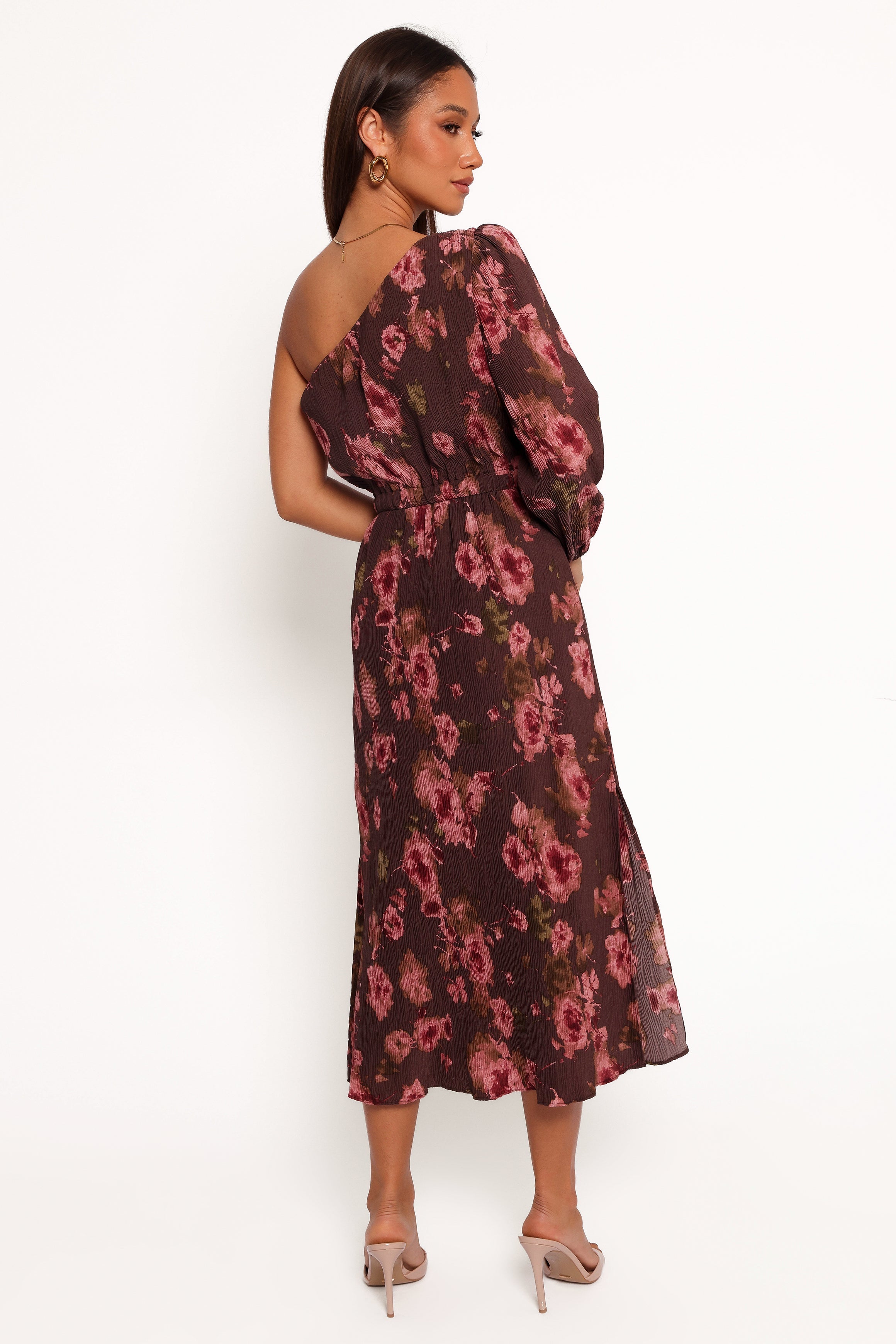 Pontee One Shoulder Pleated Midi Dress - Chocolate Brown