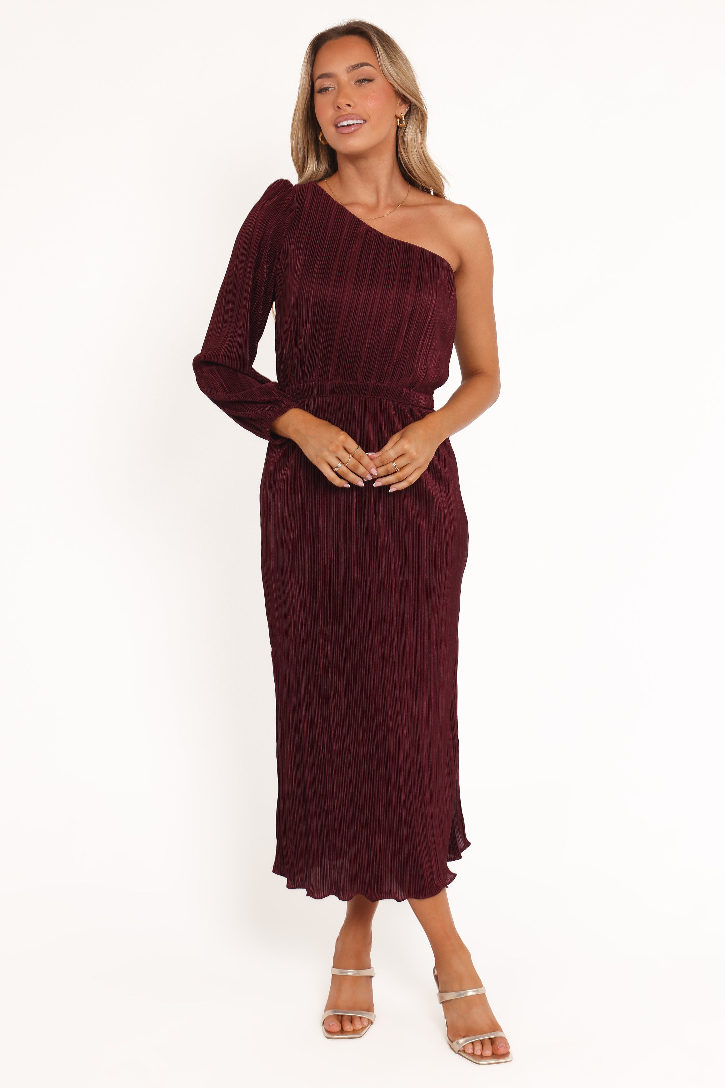 Pontee One Shoulder Pleated Midi Dress - Burgundy