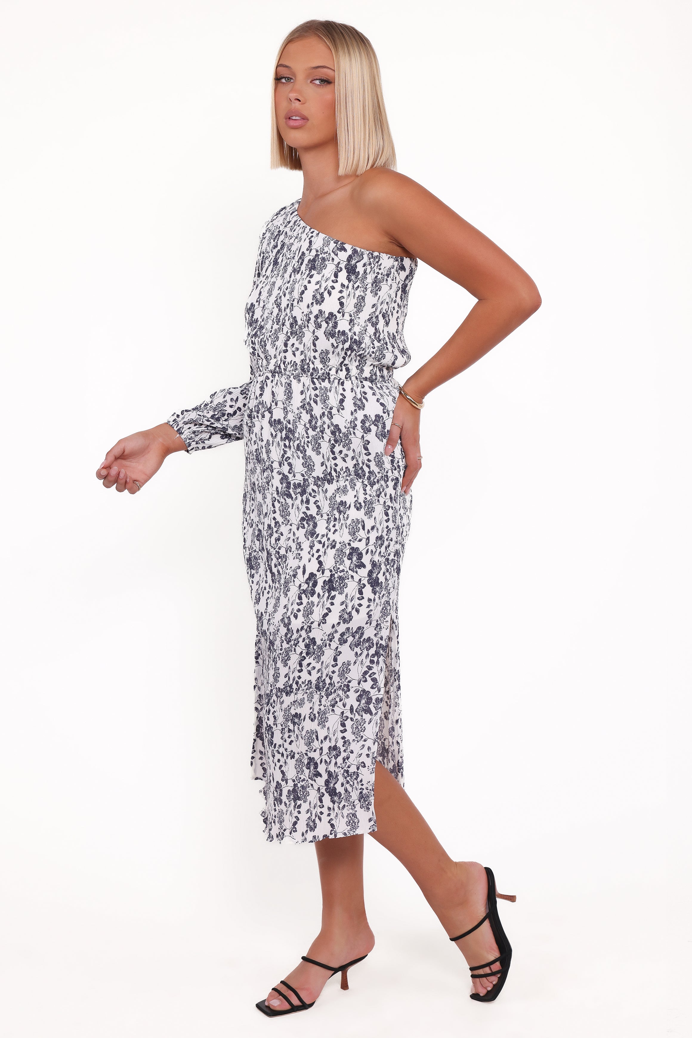 Pontee One Shoulder Pleated Midi Dress - Navy Floral