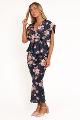 Kenna Satin Midi Skirt - Navy Floral