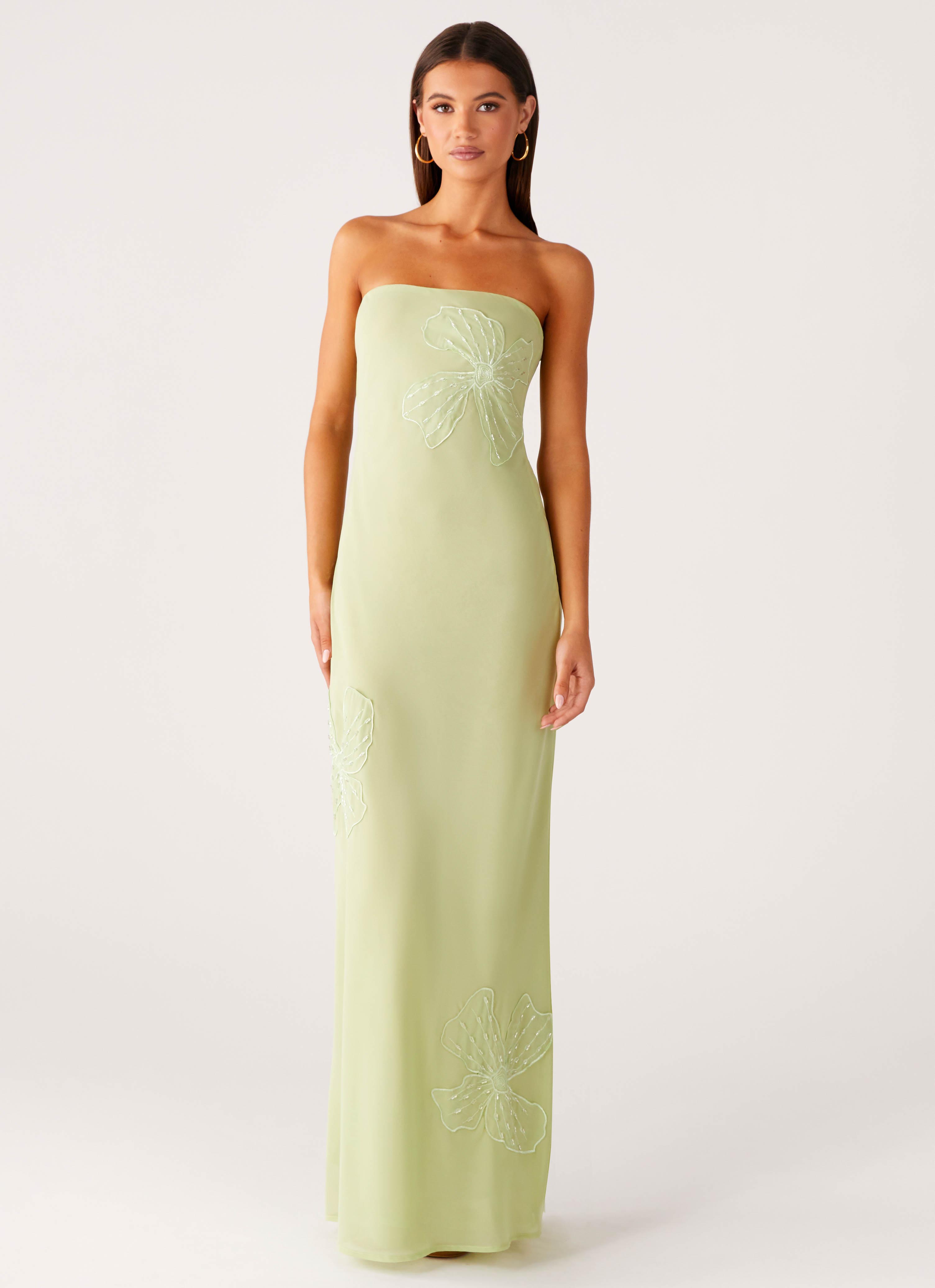 Sassafras Beaded Flower Strapless Maxi Dress - Lime