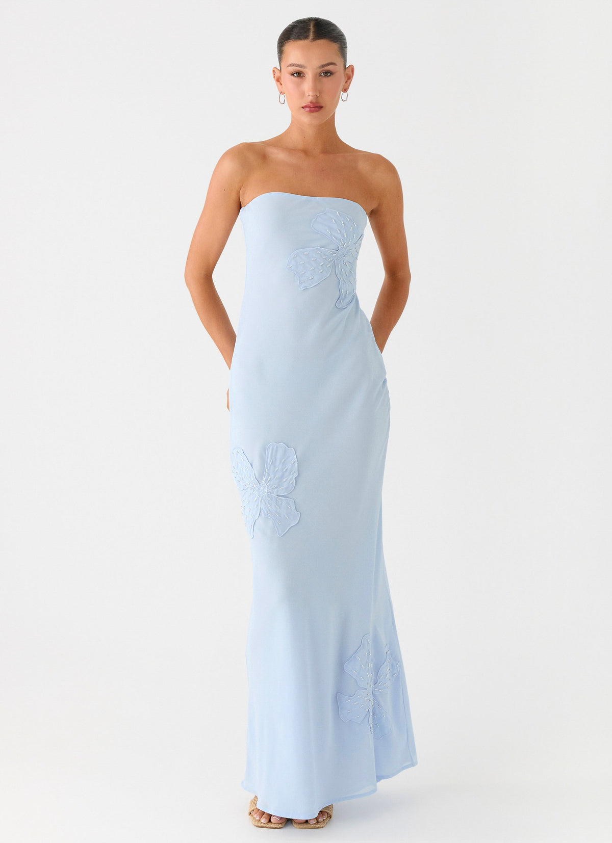 Sassafras Beaded Flower Strapless Maxi Dress - Blue