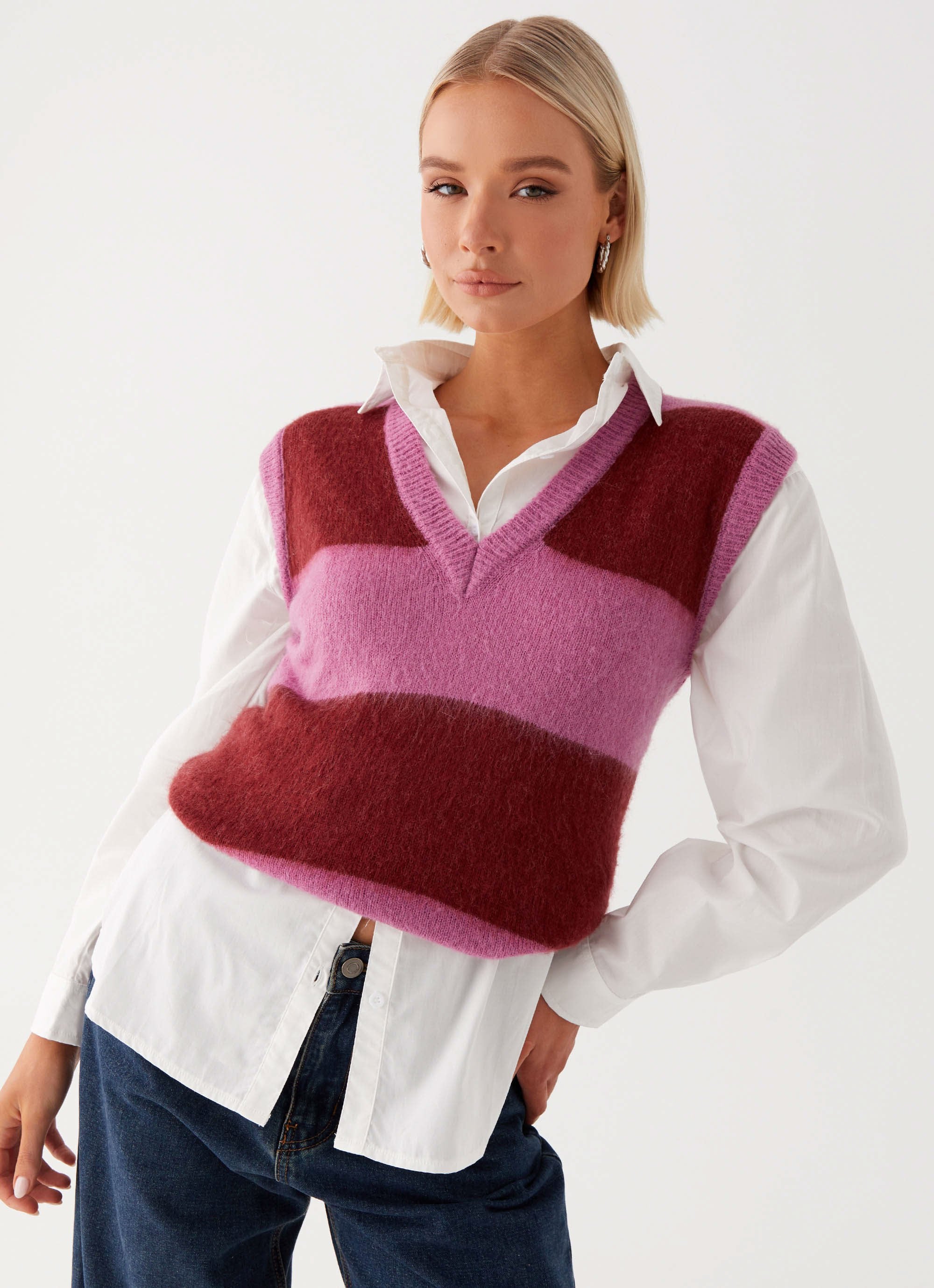 Savannah Fuzzy Knit Vest - Red Pink Stripe