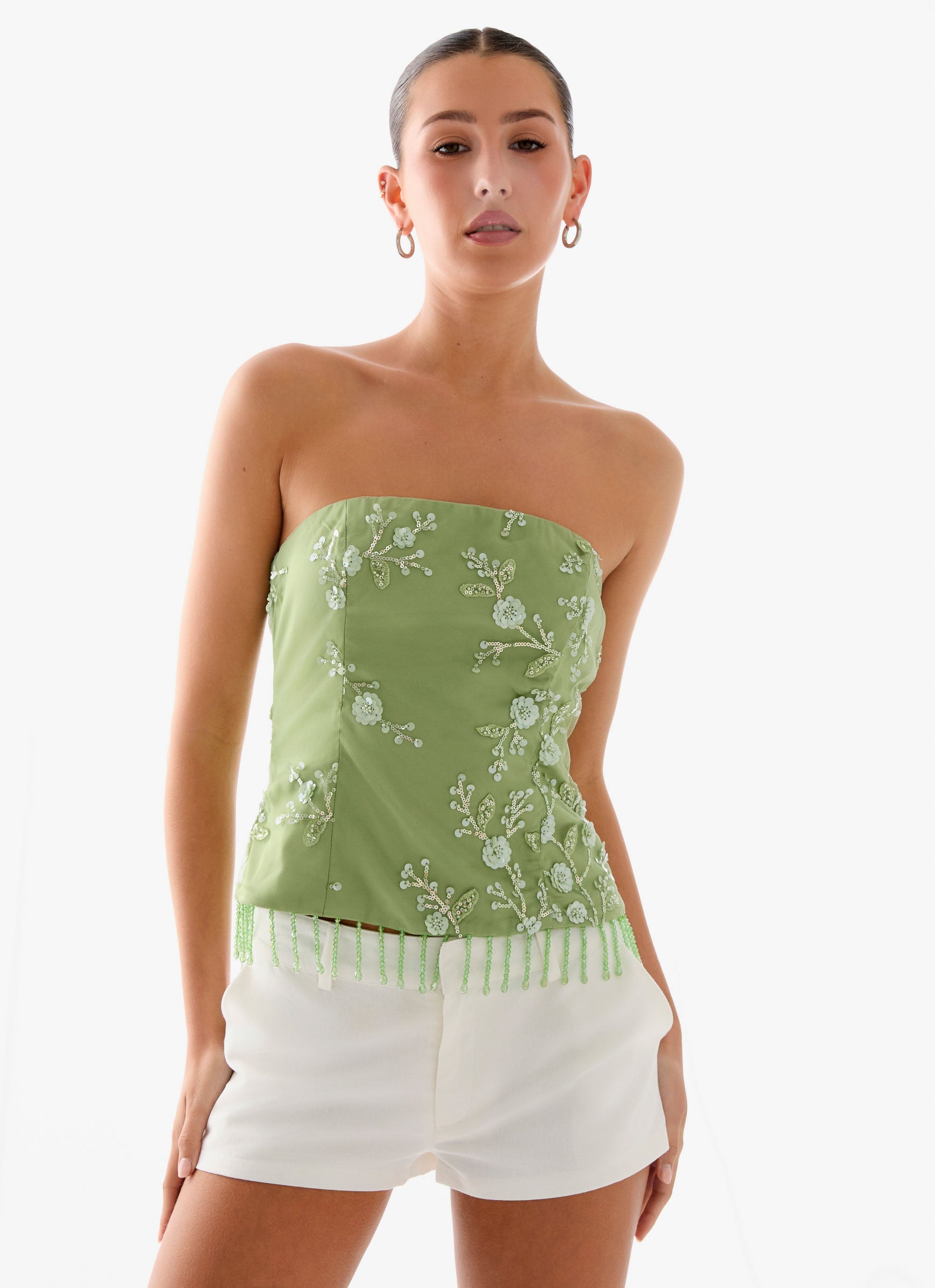 Sea Garden Beaded Strapless Top - Green