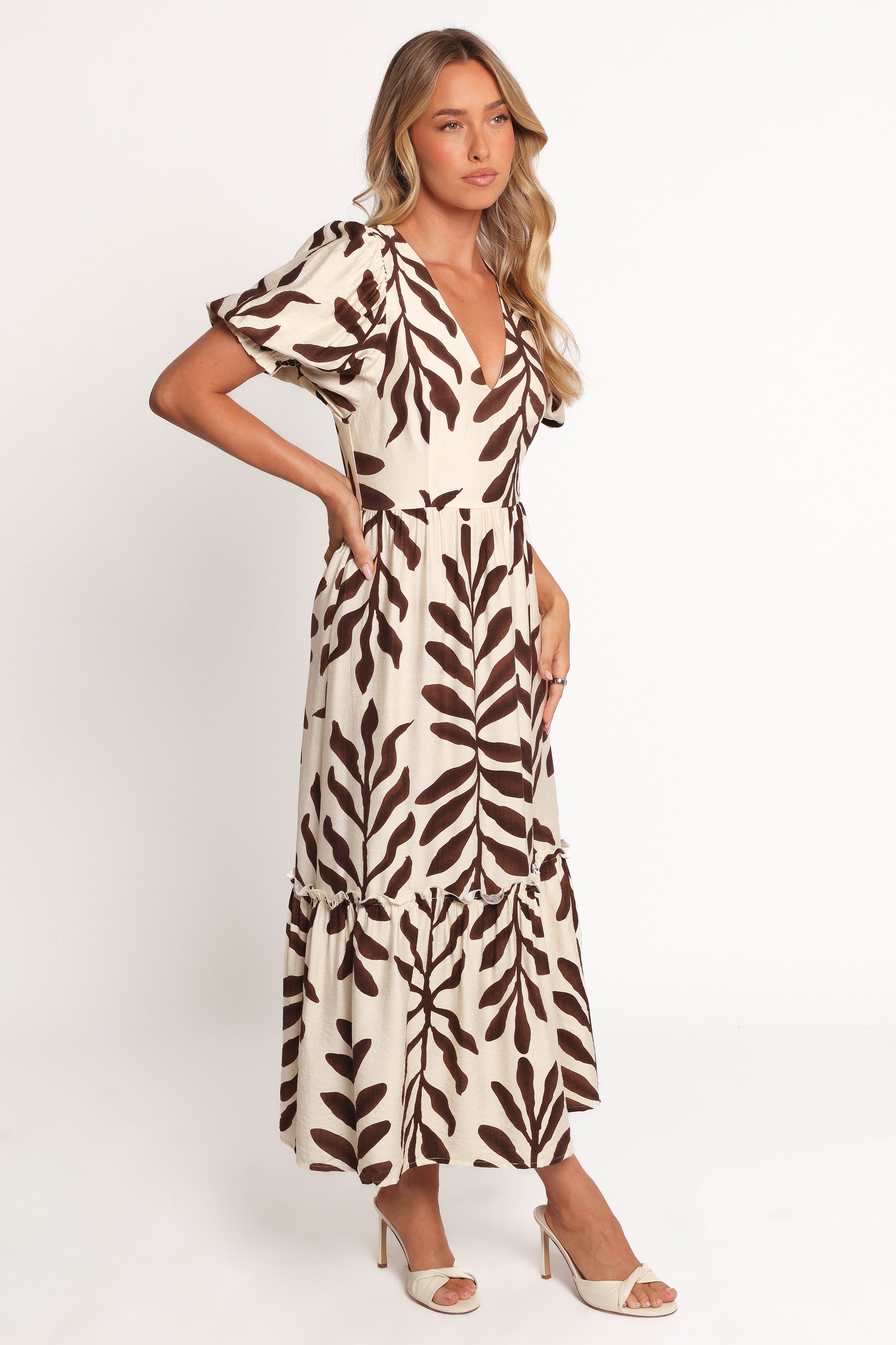 Steele Puff Sleeve Midi Dress - Brown Palm