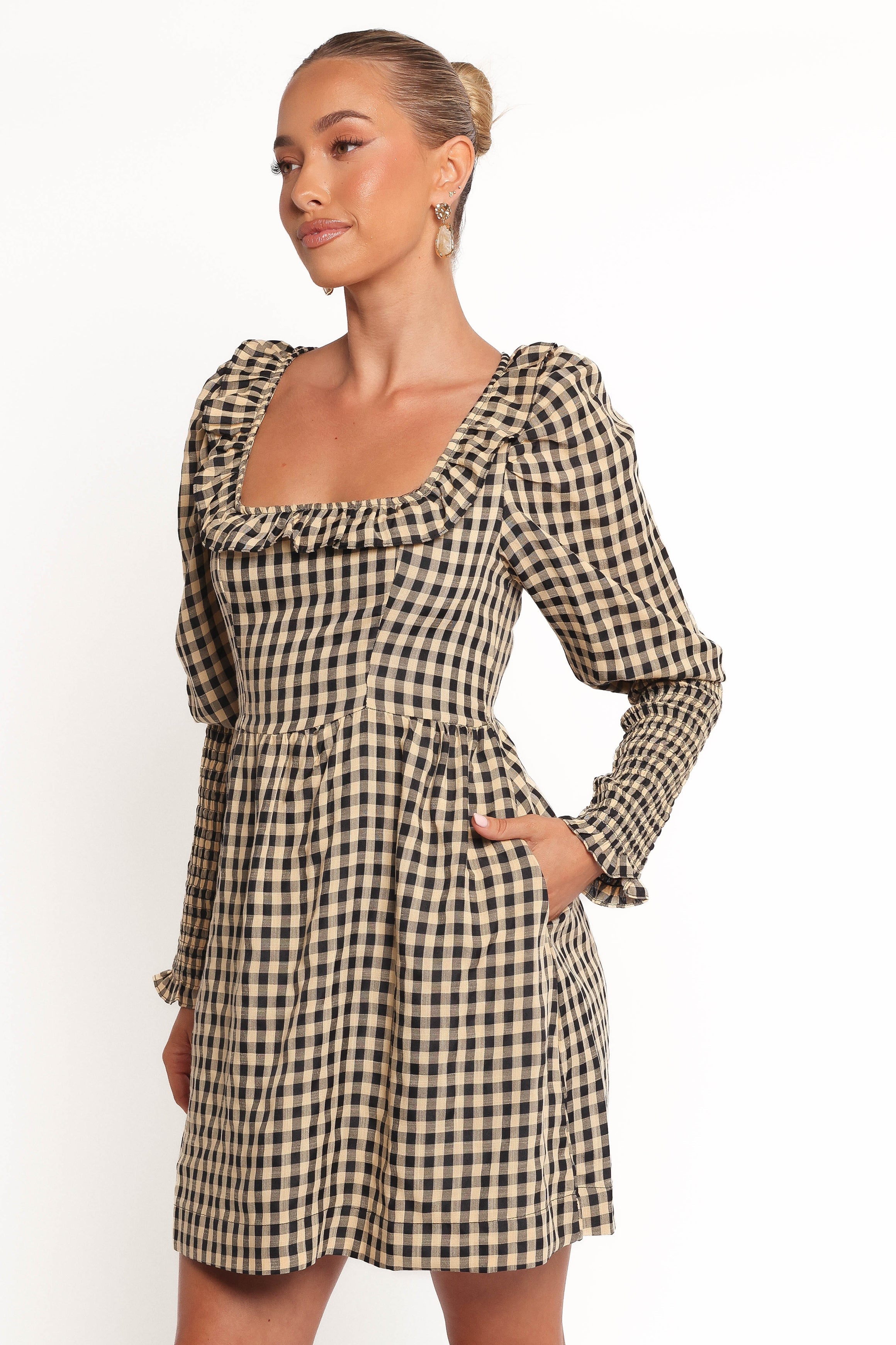 Xenia Mini Dress - Black/Beige Gingham