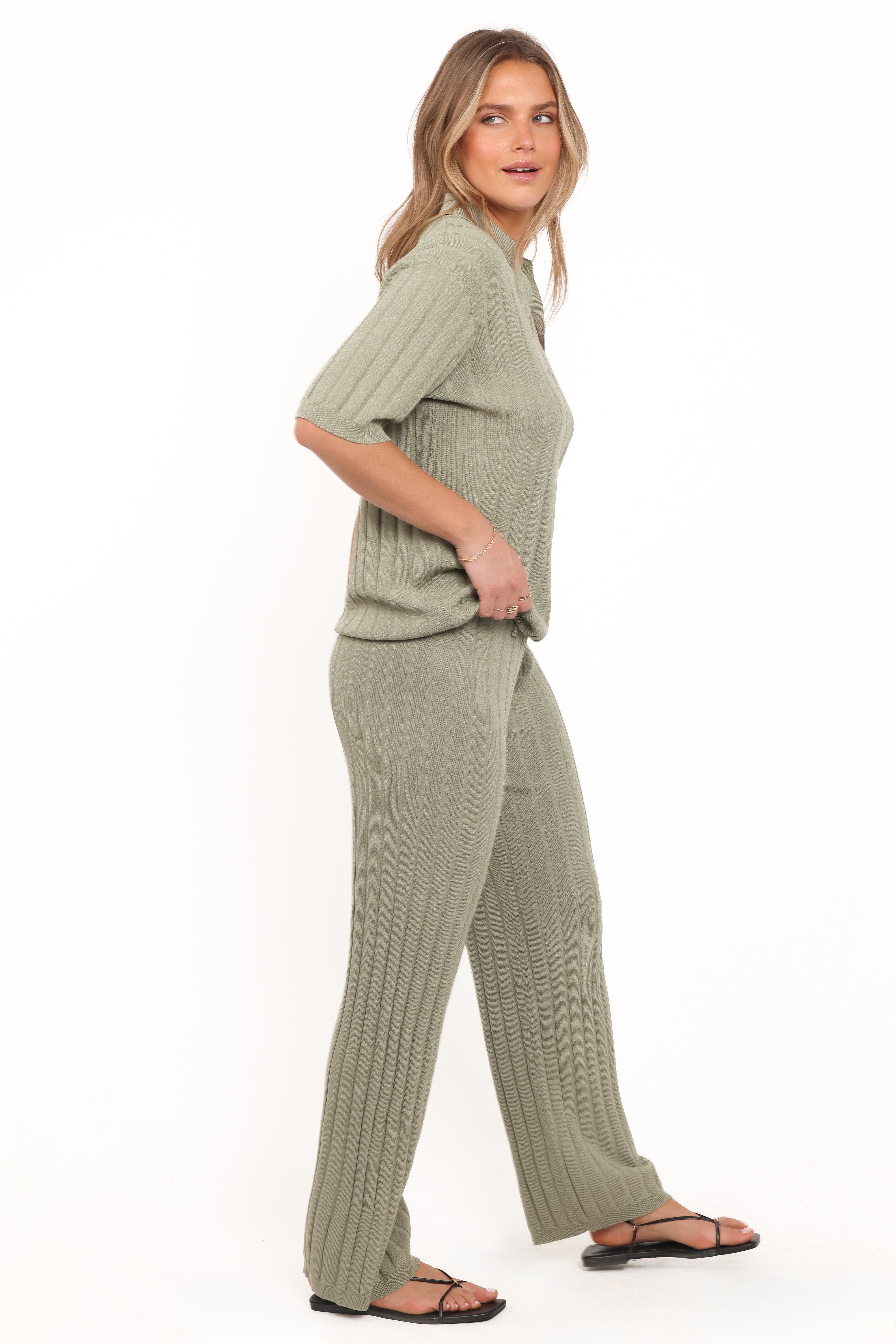 Yulissa Wide Ribbed Pant Set - Khaki Green