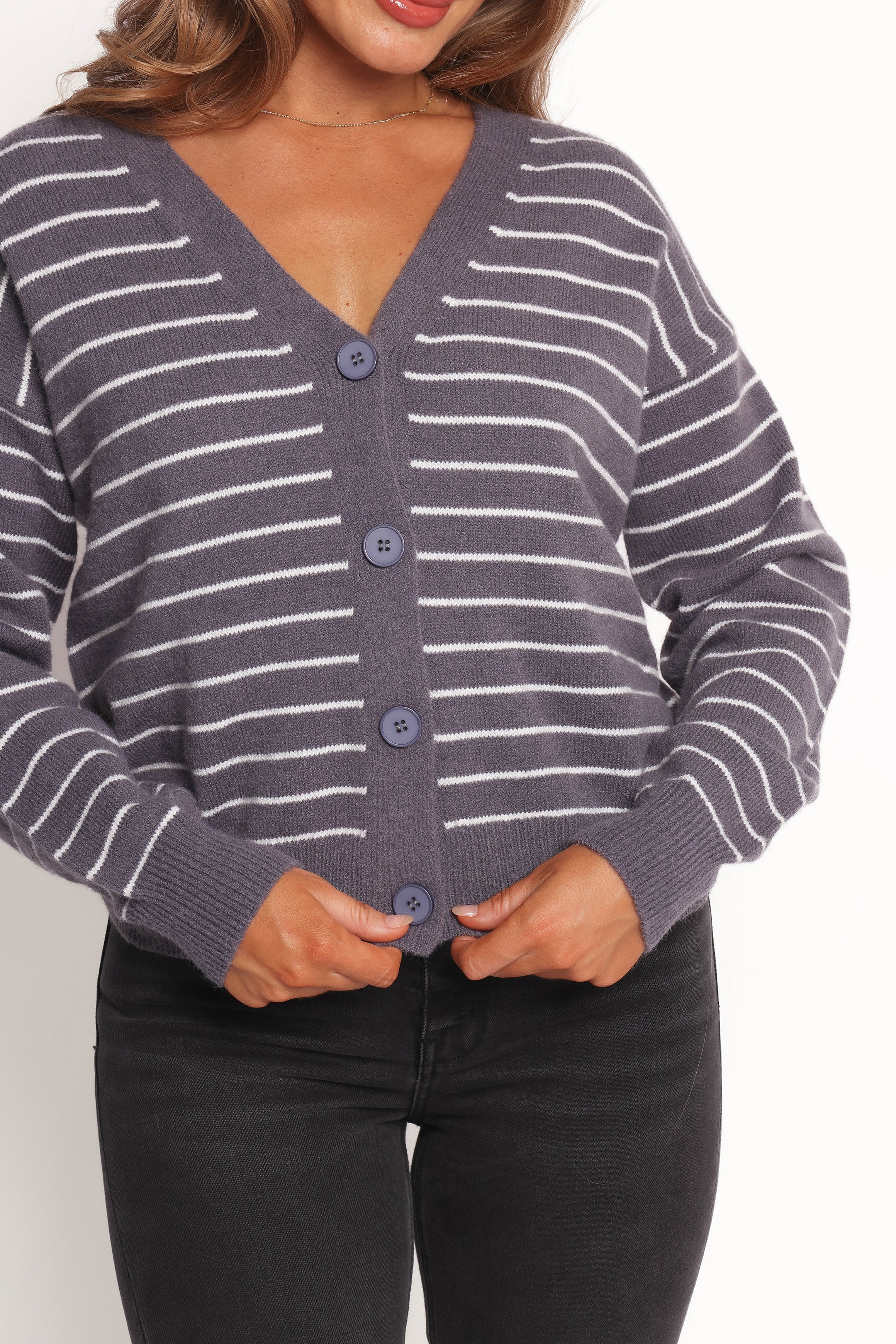 Zammy Lurex Strip Button Front Cardigan - Grey