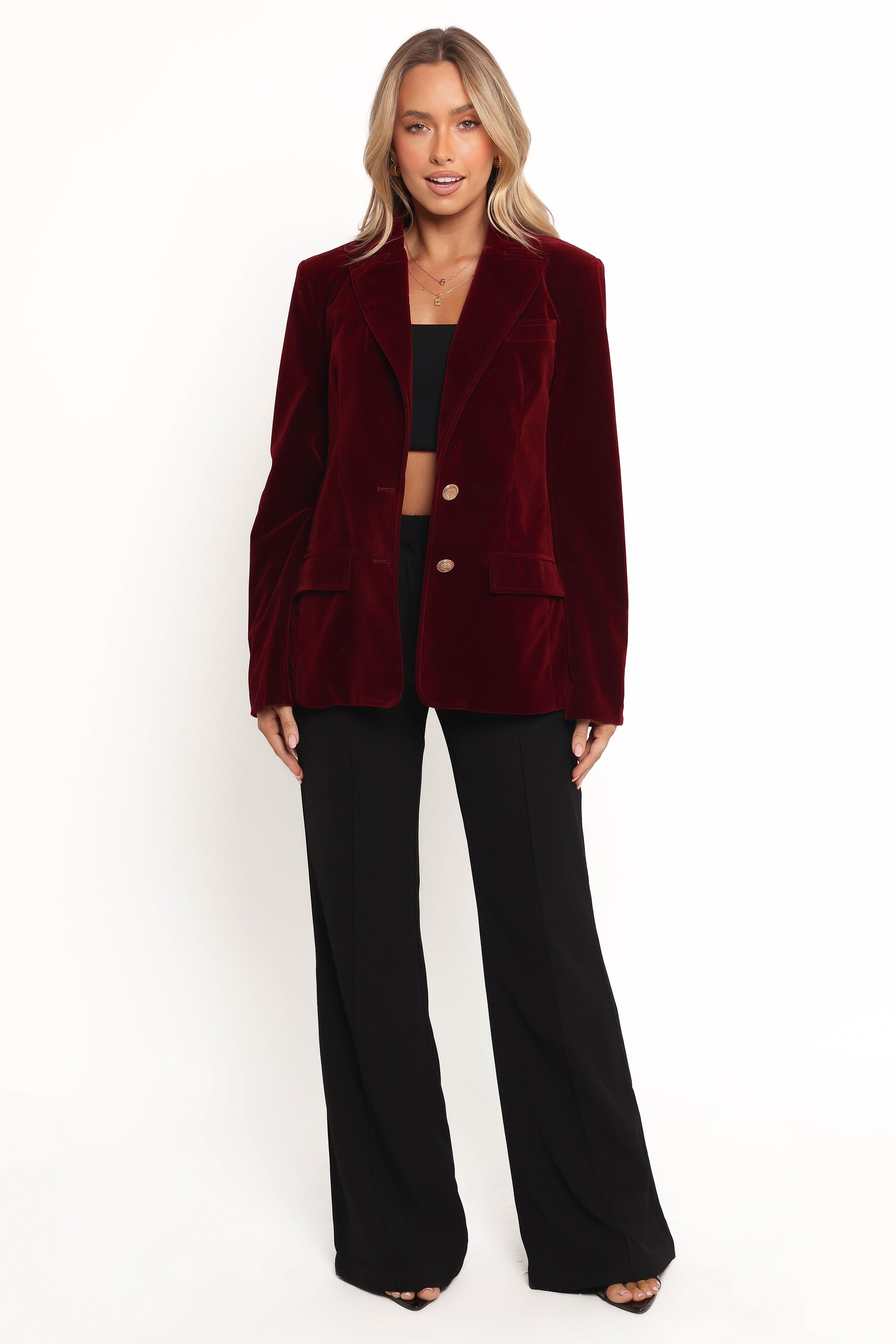 Zpya Single Button Velvet Blazer - Berry