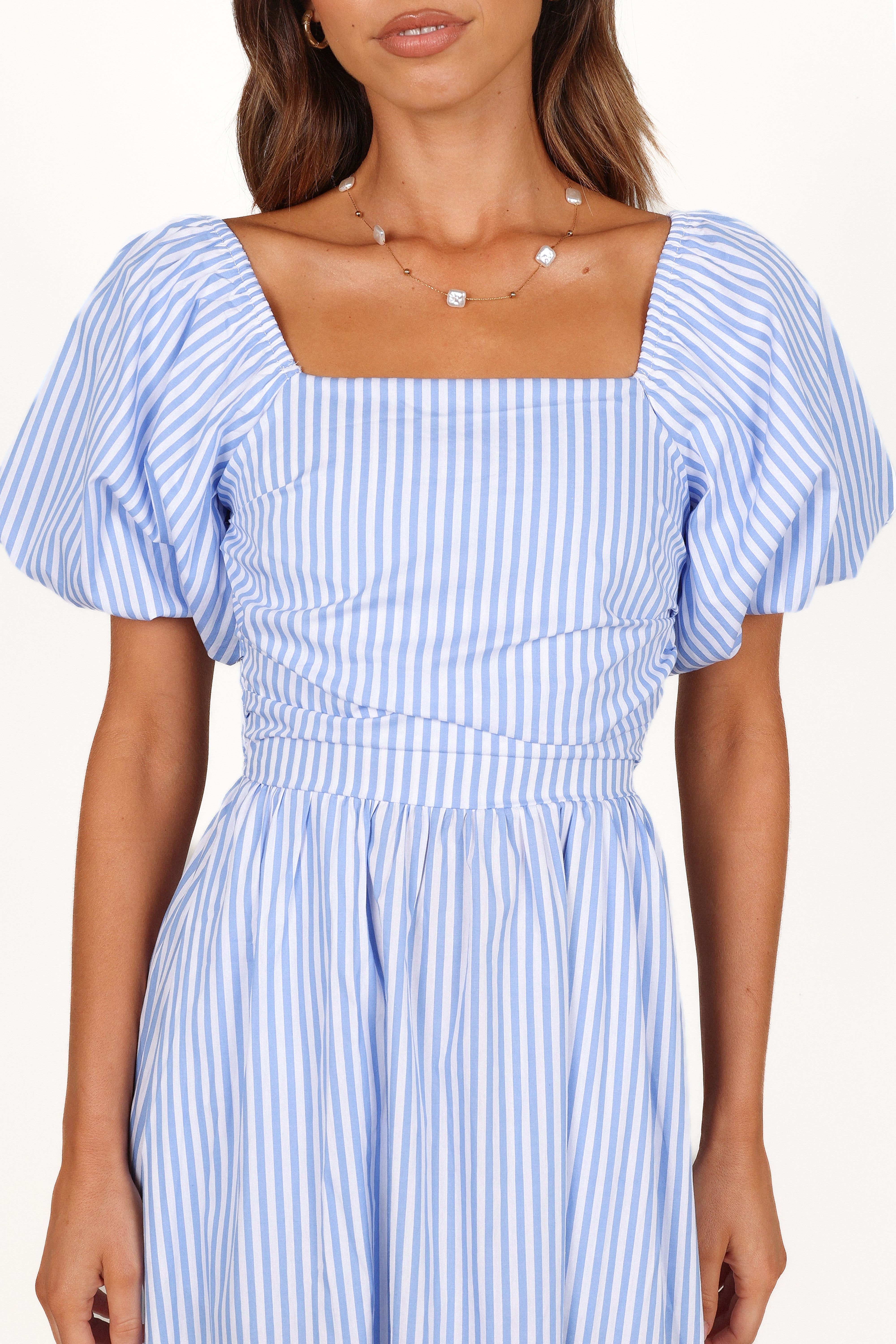Clo Puff Sleeve Midi Dress - Blue Stripe